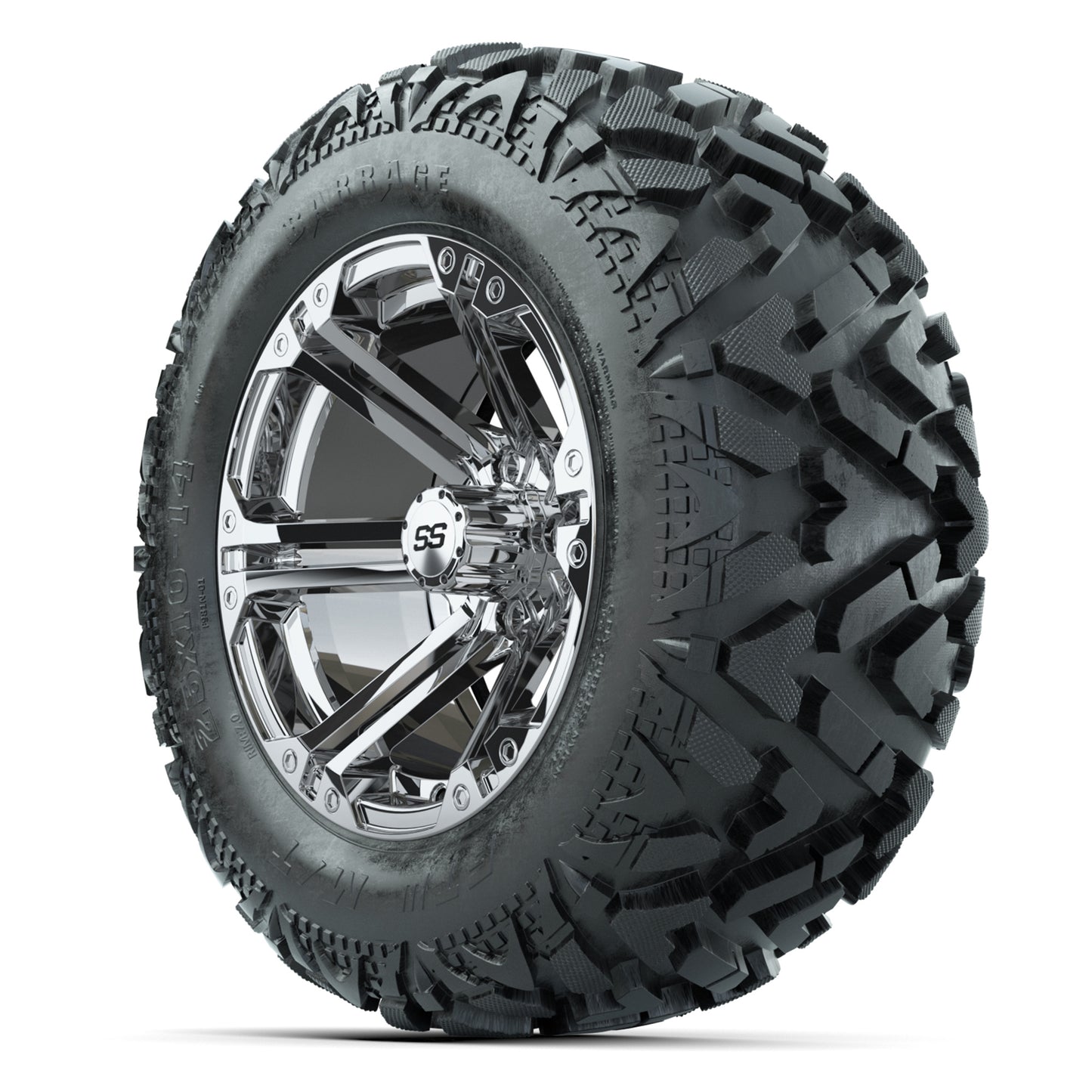 GTW Specter Chrome 14 in Wheels with 25x10-14 Barrage Mud Tires – Full Set