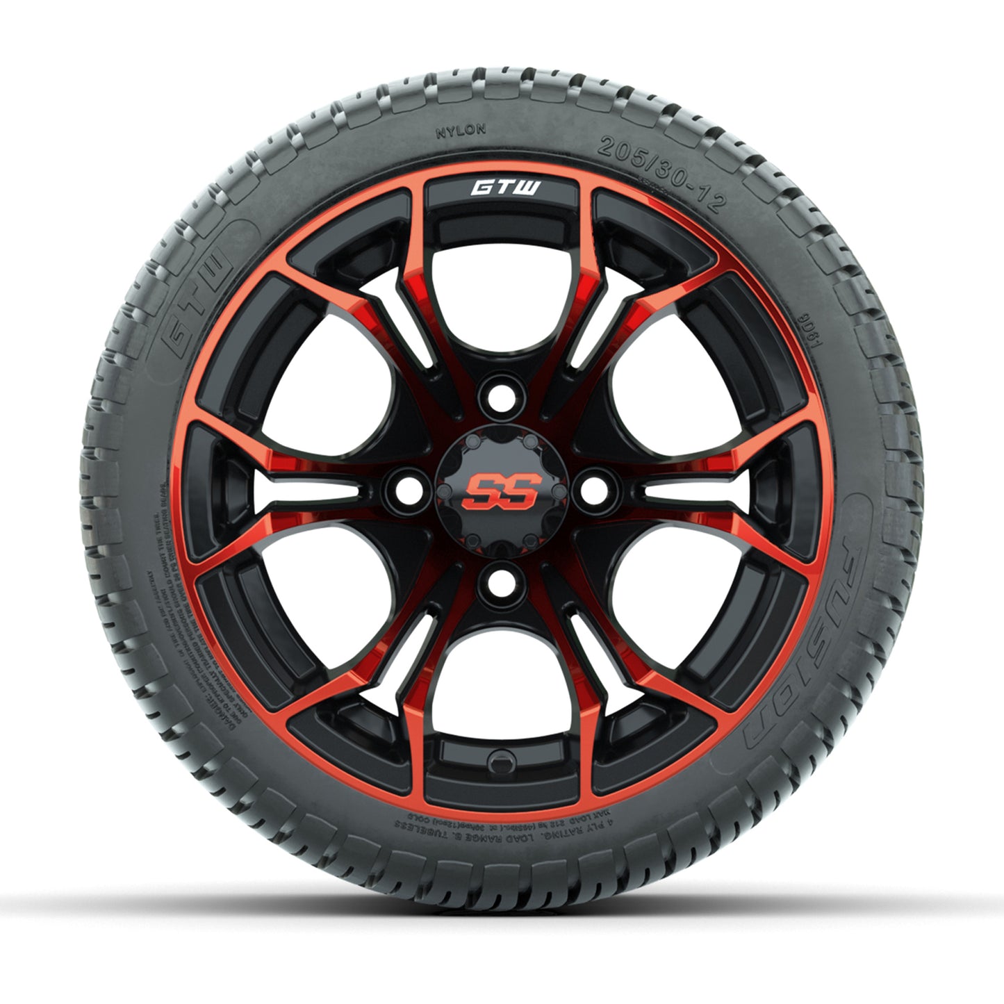 GTW® Spyder Black/Red 12 in Wheels with 205/30-12 Fusion Street Tires – Full Set