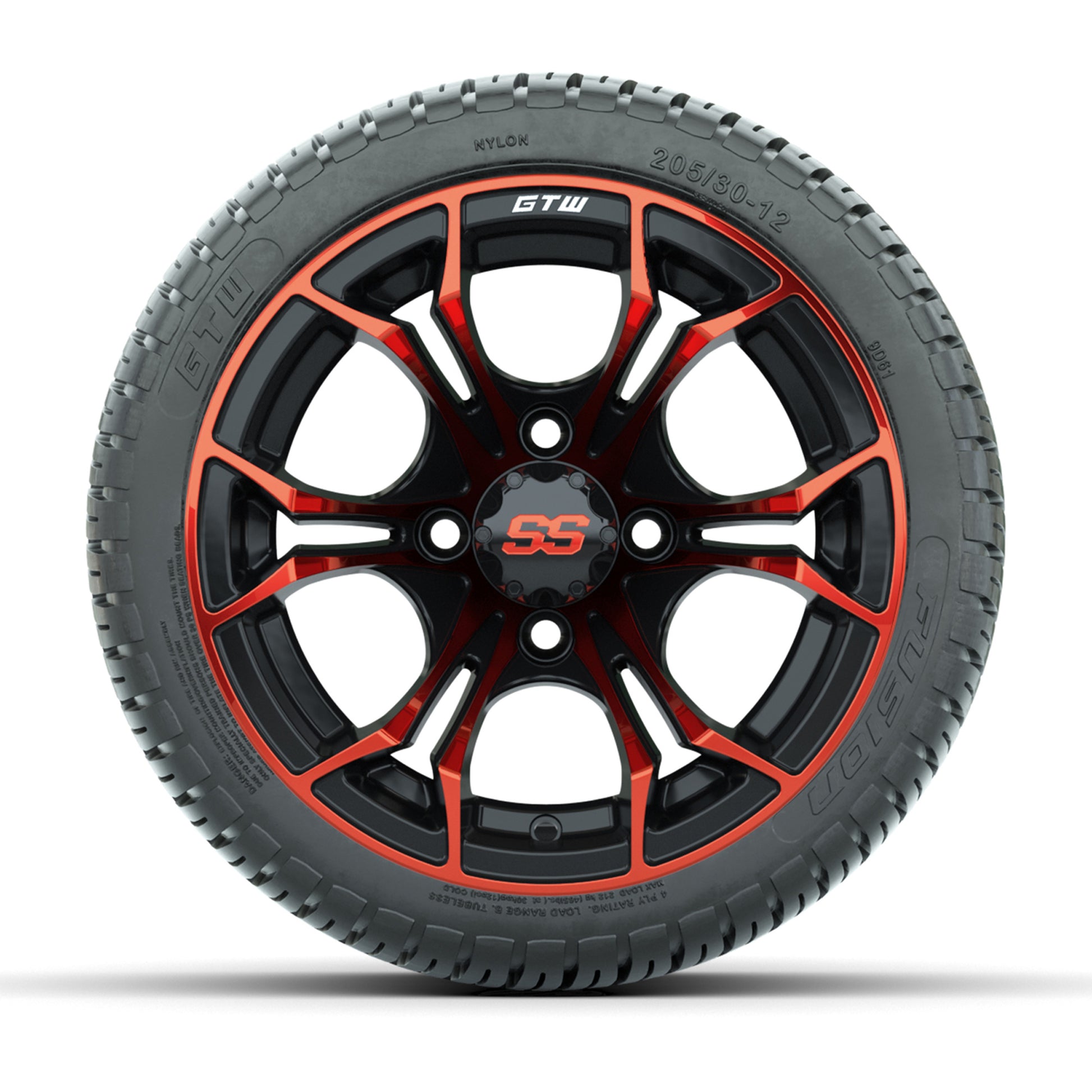 GTW® Spyder Black/Red 12 in Wheels with 205/30-12 Fusion Street Tires – Full Set
