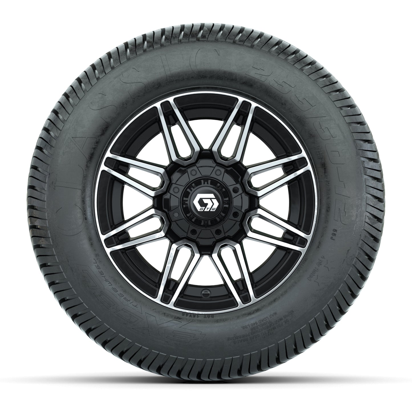 GTW® Stealth Black/Machined 12 in Wheels with 255/50-12 Excel Classic Street Tires – Full Set