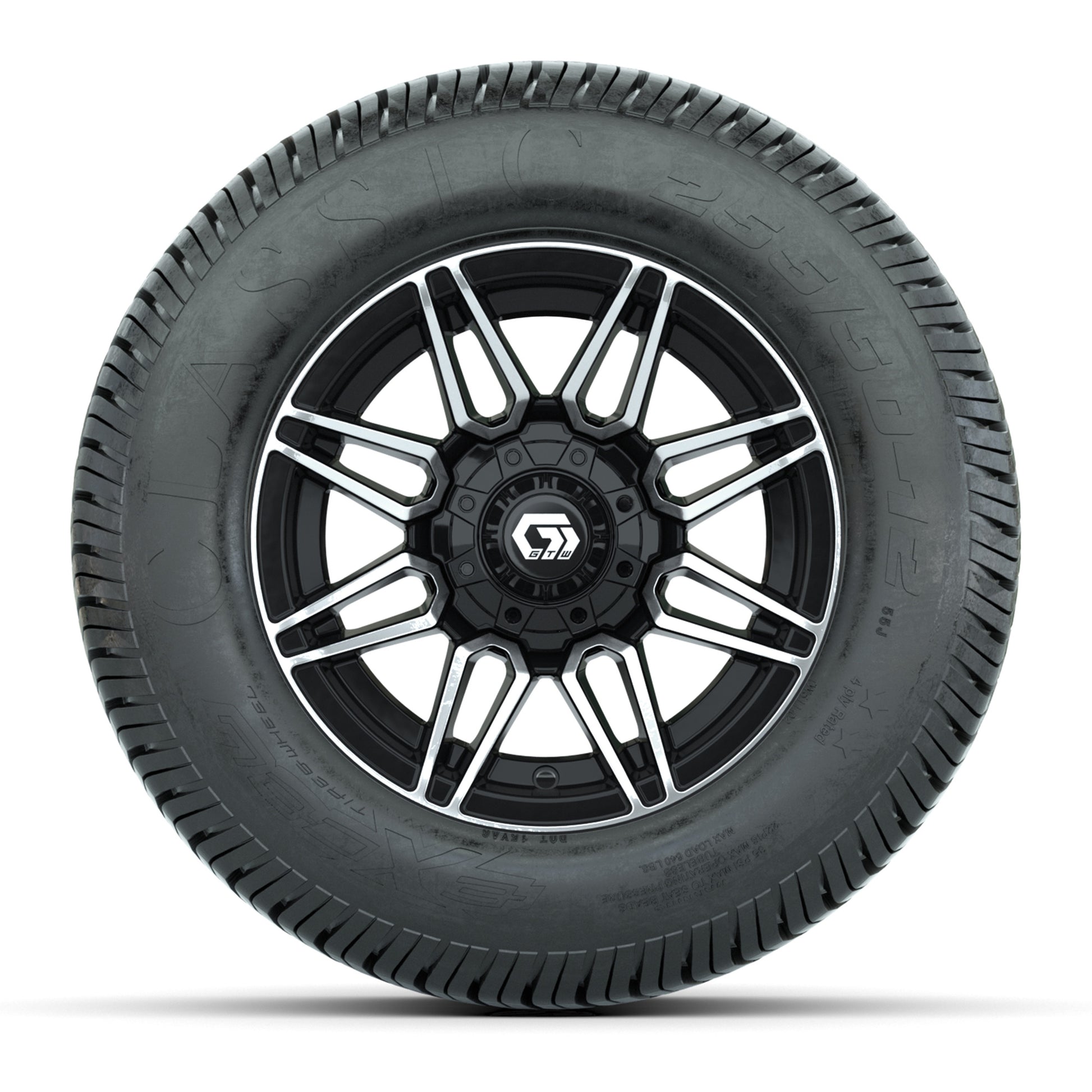GTW® Stealth Black/Machined 12 in Wheels with 255/50-12 Excel Classic Street Tires – Full Set