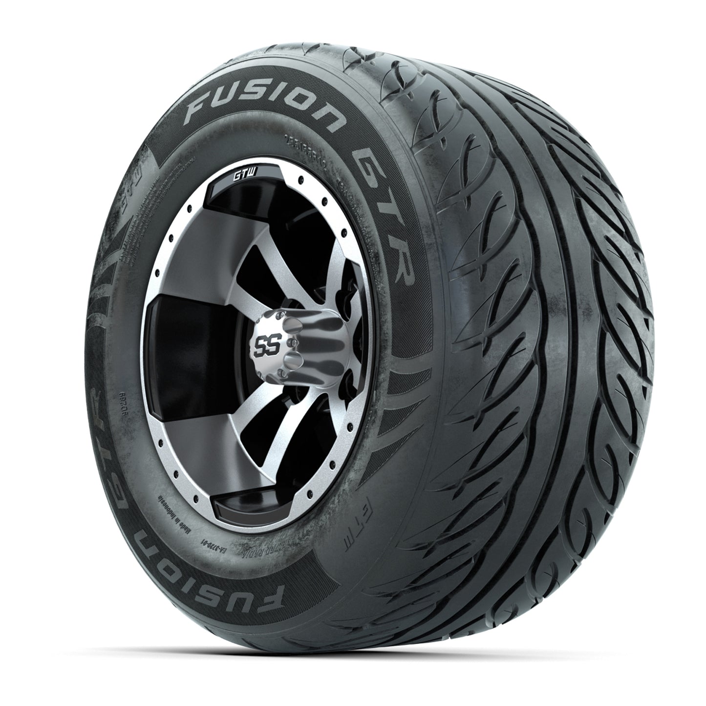 GTW® Storm Trooper Black/Machined 12 in Wheels with 255/55-R12 Fusion GTR Steel Belt Radial Street Tires - Full Set