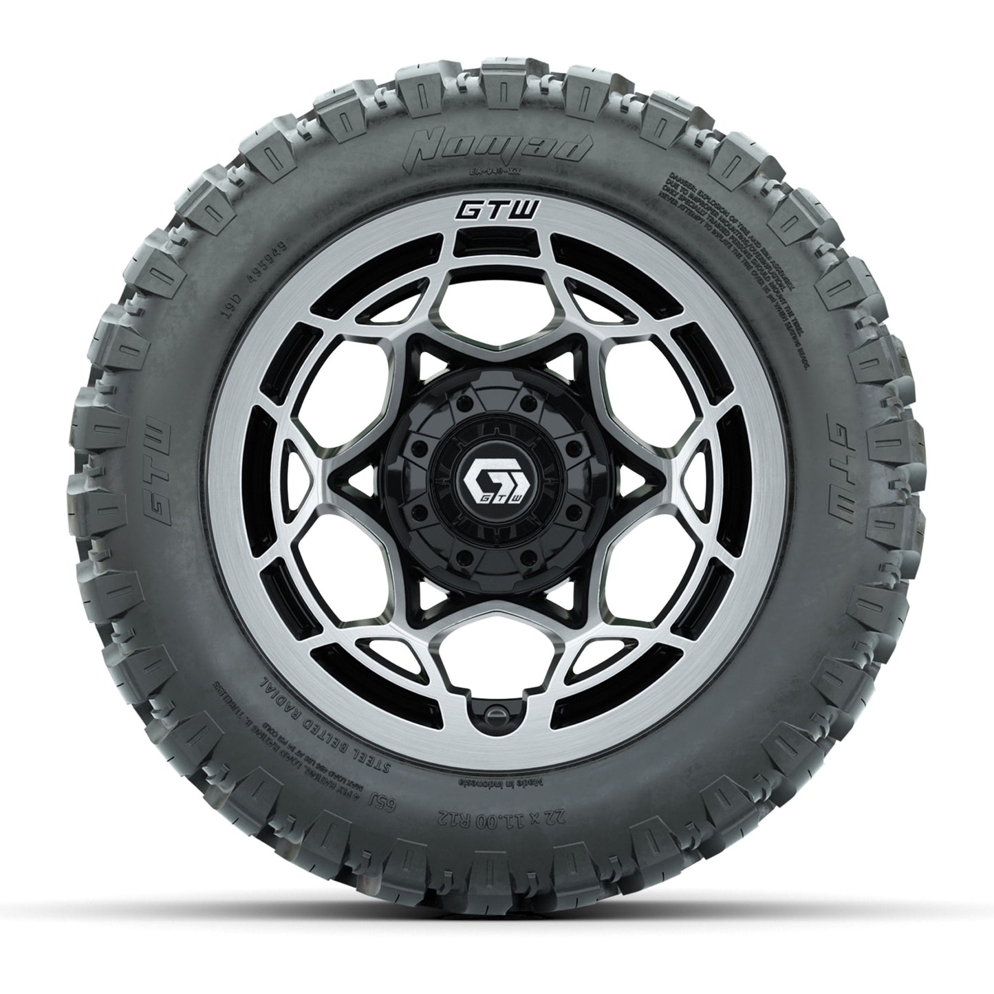 GTW® Nexus Black with Silver Face 12 in Wheels with 22X11-R12 Nomad Steel Belt Radial All-Terrain Tires - Full Set