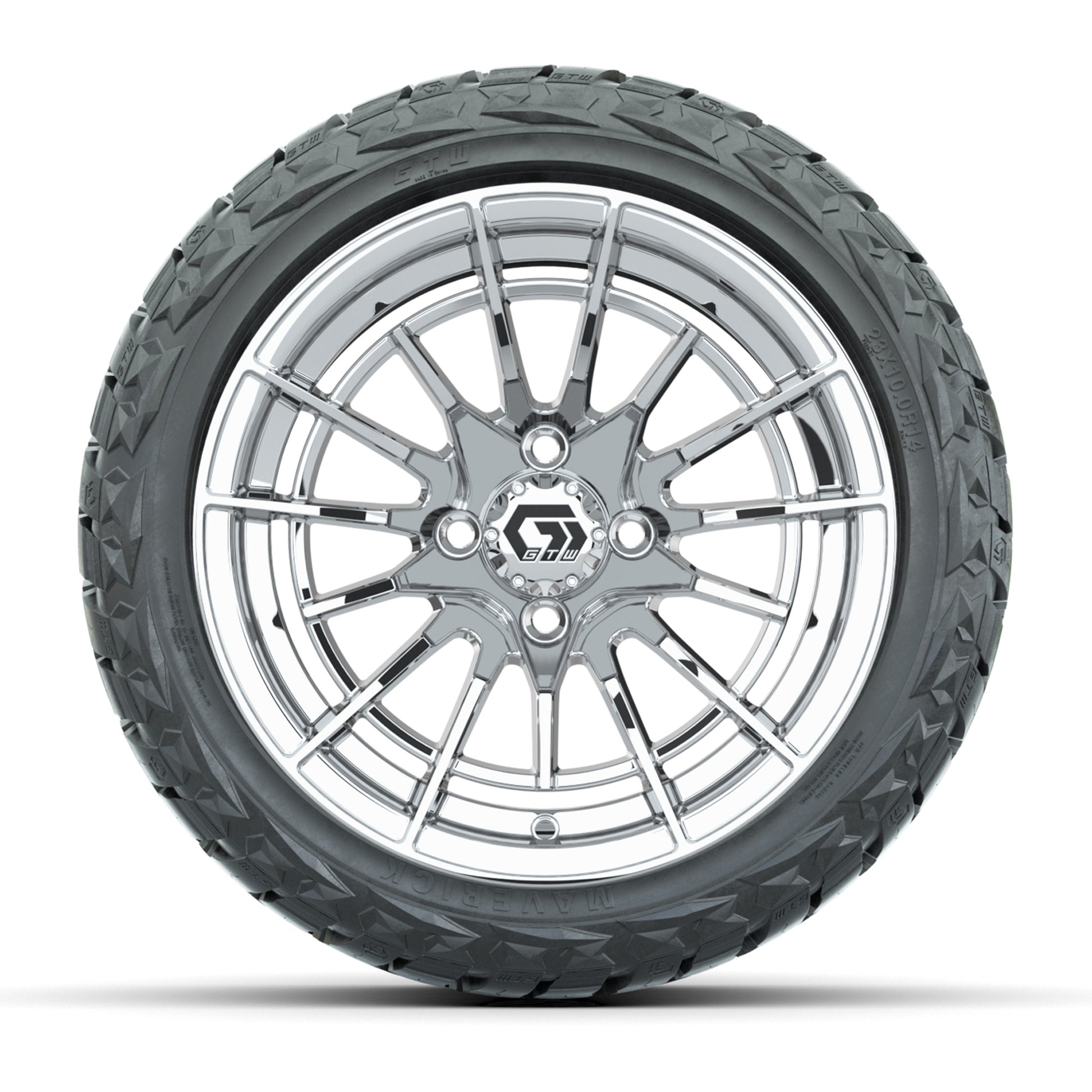 GTW Boost Chrome 14 in Wheels with 23x10.00-R14 Maverick All-Terrain Tires – Full Set