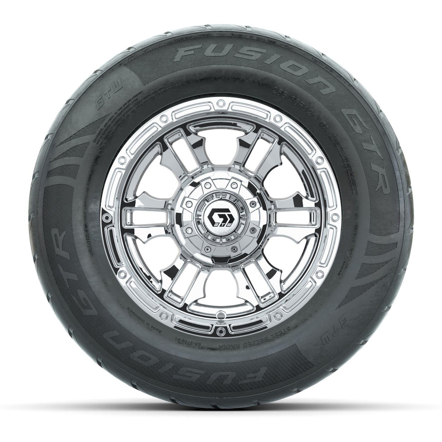 GTW® Shogun Chrome 12 in Wheels with 255/55-R12 Fusion GTR Steel Belt Radial Street Tires – Full Set