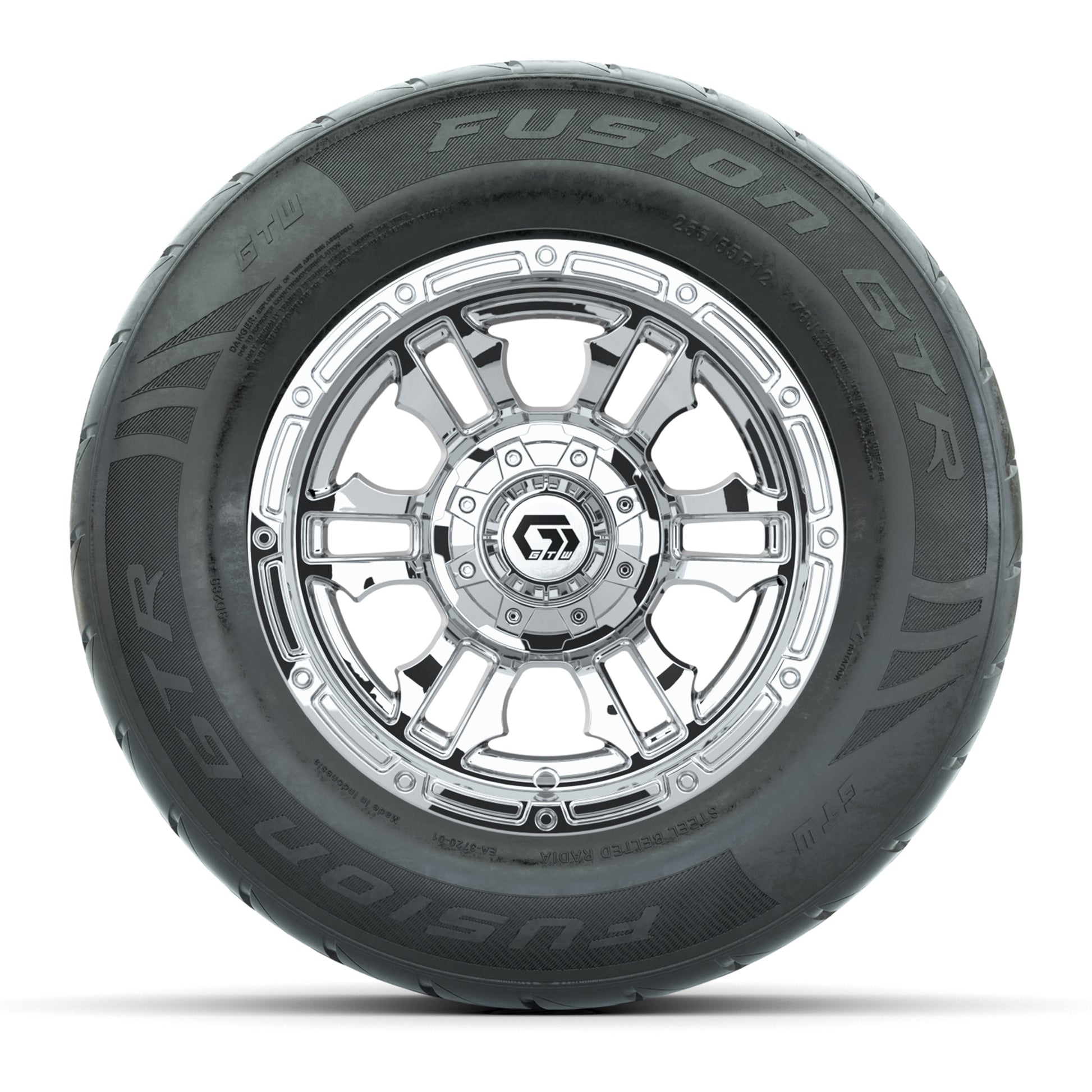 GTW® Shogun Chrome 12 in Wheels with 255/55-R12 Fusion GTR Steel Belt Radial Street Tires – Full Set