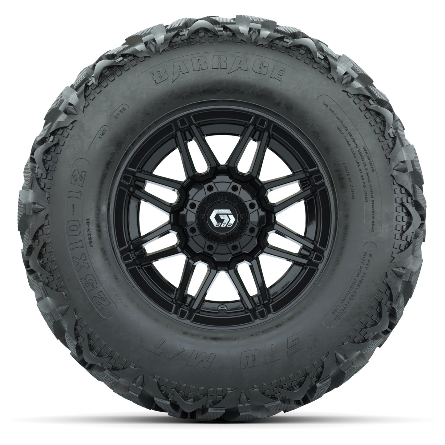GTW® Stealth Gloss Black 12 in Wheels with 25X10-12 Barrage Mud Tires – Full Set