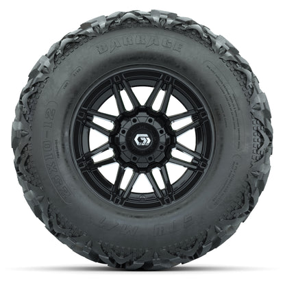 GTW® Stealth Gloss Black 12 in Wheels with 25X10-12 Barrage Mud Tires – Full Set