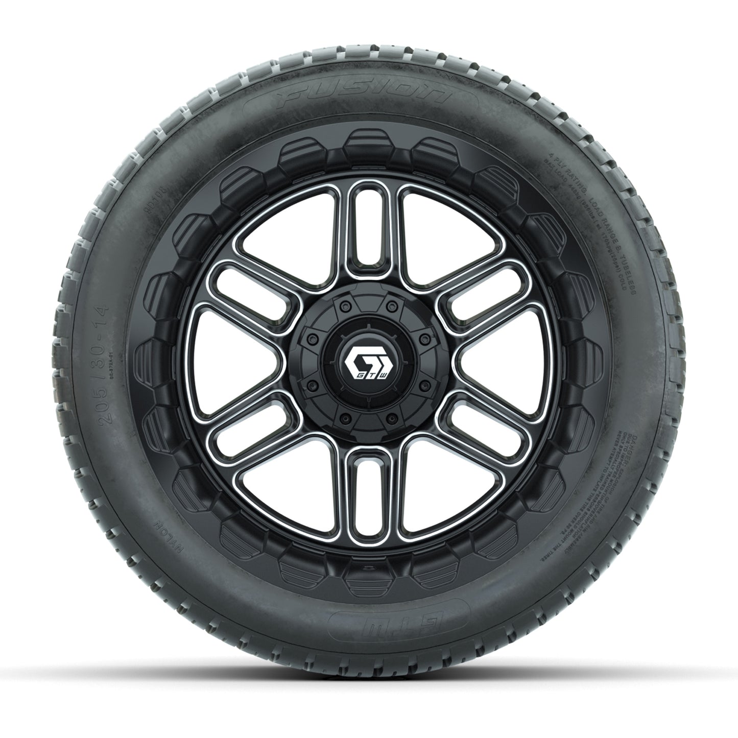 GTW® Titan Black/Machined 14 in Wheels with 205/30-R14 Fusion Street Tires – Full Set