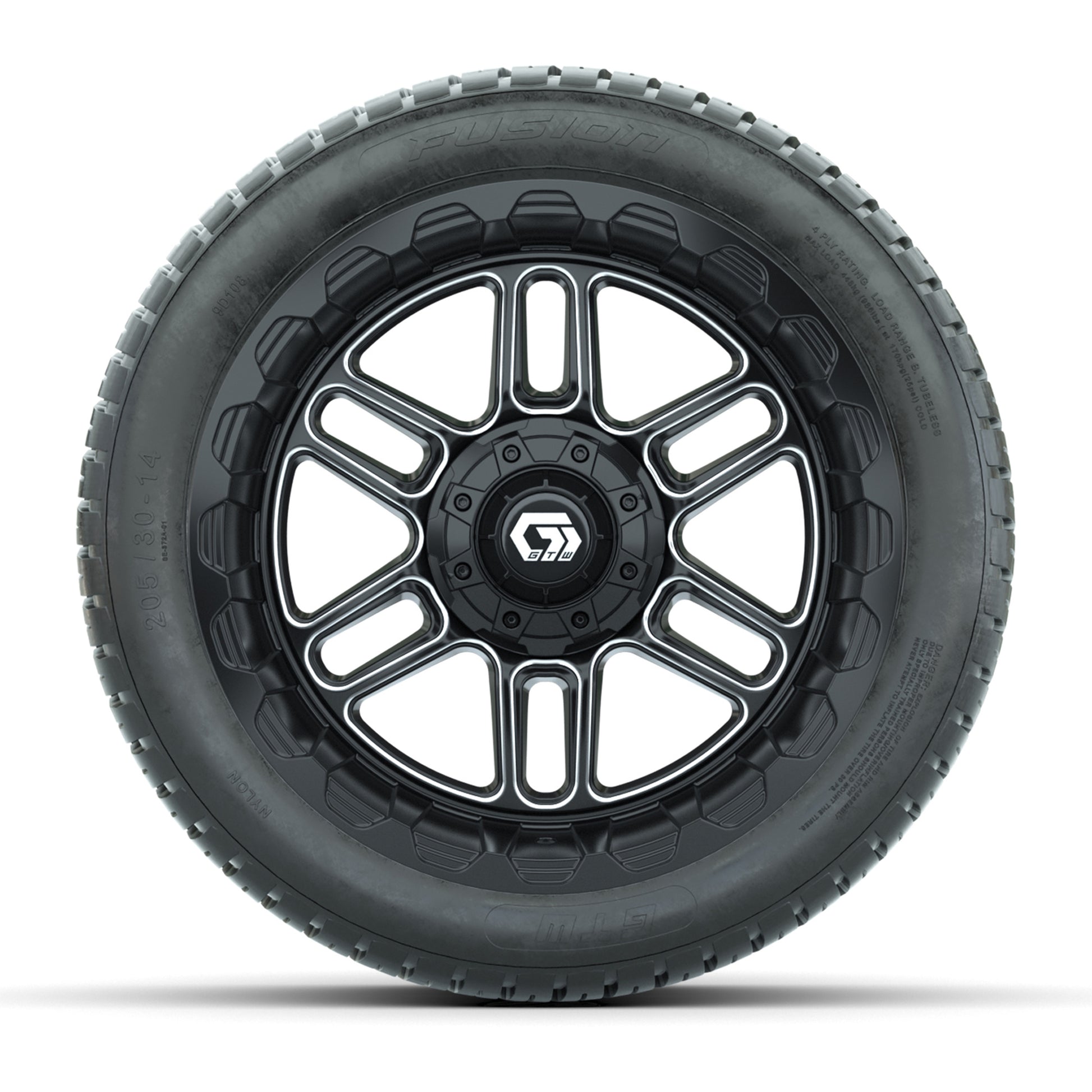 GTW® Titan Black/Machined 14 in Wheels with 205/30-R14 Fusion Street Tires – Full Set