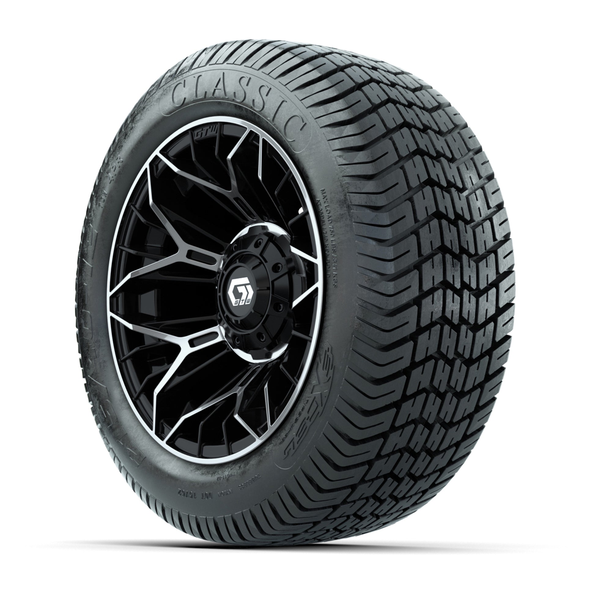 GTW® Stellar Black/Machined 12 in Wheels with 215/40-12 Excel Classic Street Tires – Full Set