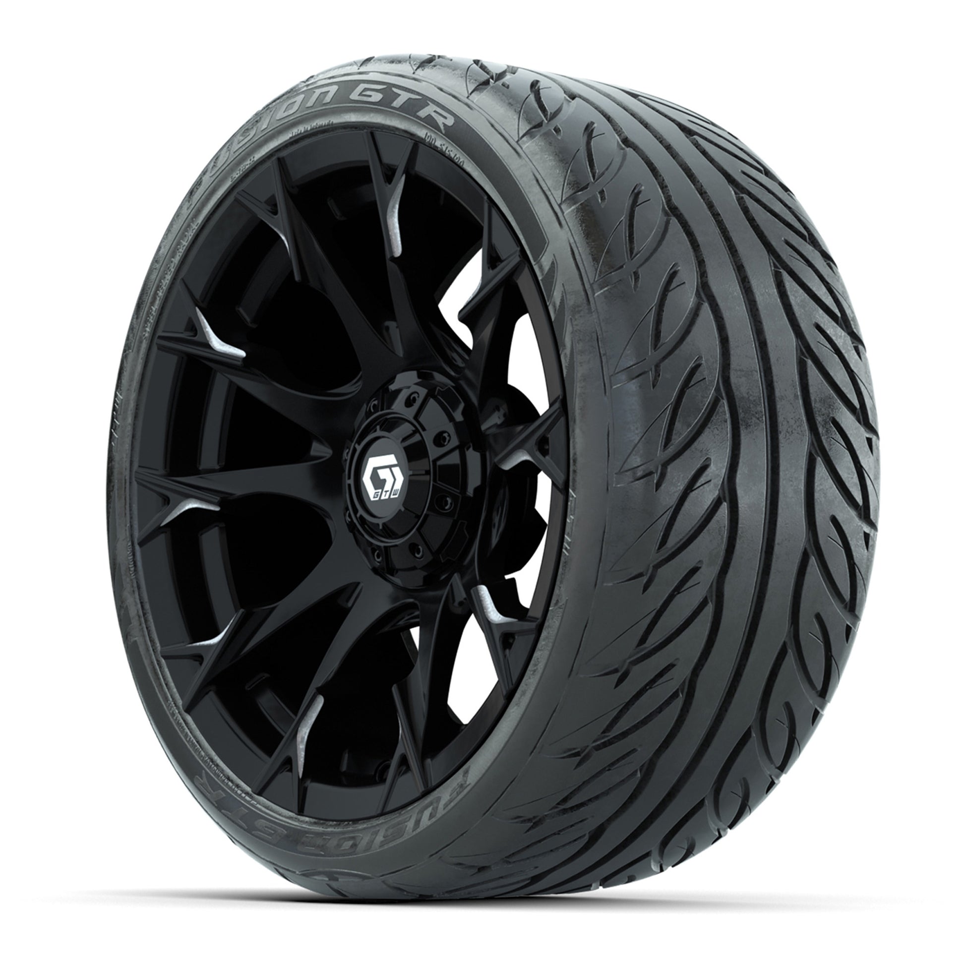 GTW® Diablo Gloss Black/Machined 15 in Wheels with 215/40-R15 Fusion GTR Steel Belted Street Tires – Full Set