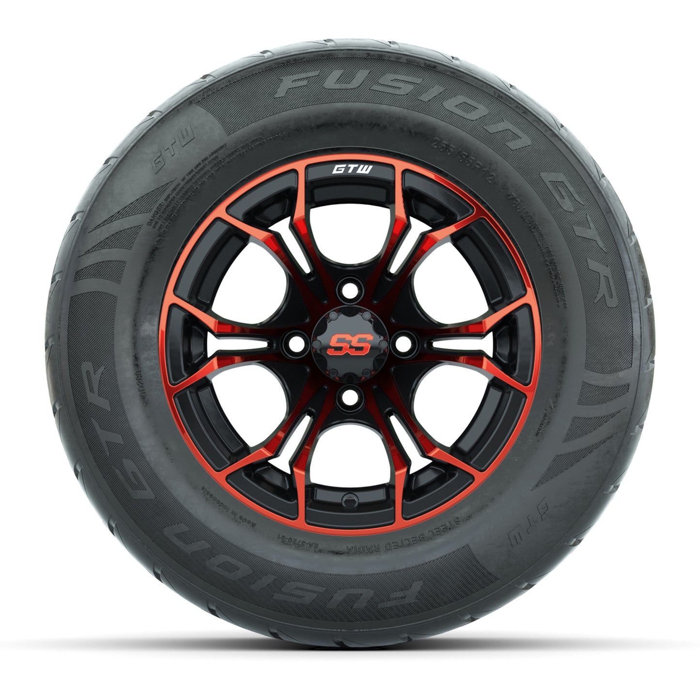 GTW® Spyder Black/Red 12 in Wheels with 255/55-R12 Fusion GTR Steel Belt Radial Street Tires – Full Set