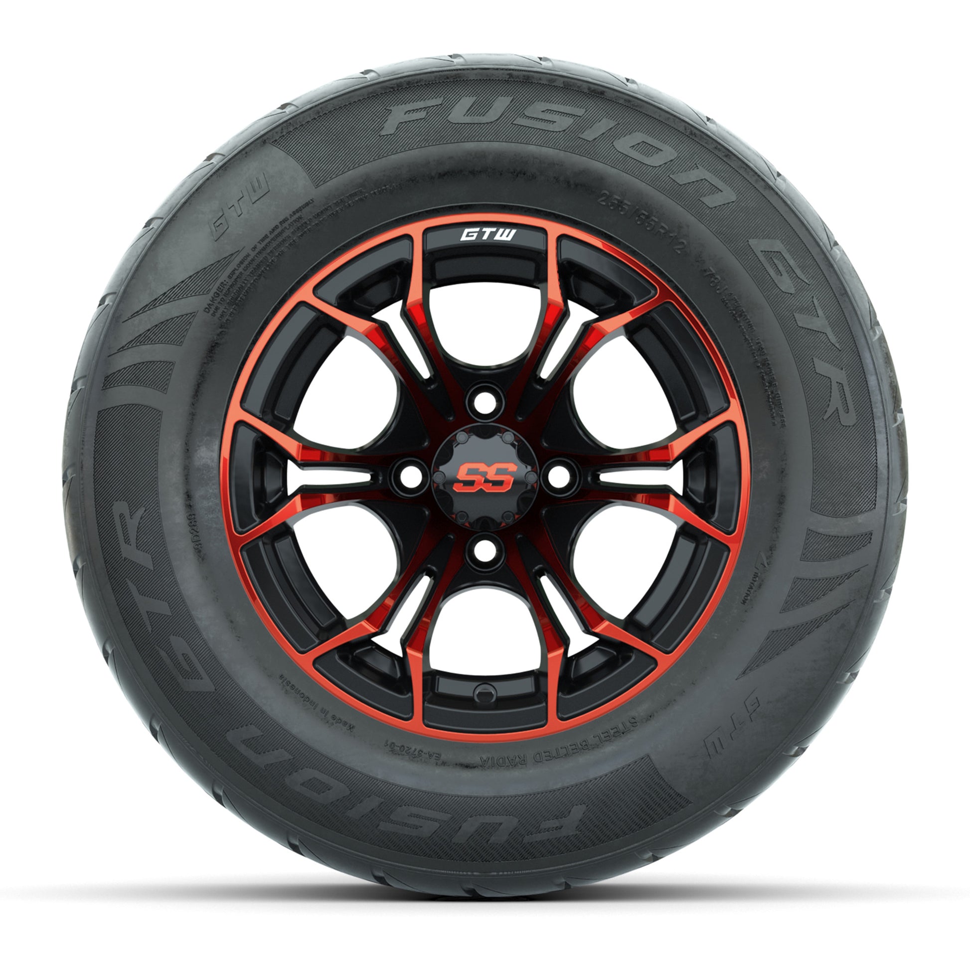 GTW® Spyder Black/Red 12 in Wheels with 255/55-R12 Fusion GTR Steel Belt Radial Street Tires – Full Set