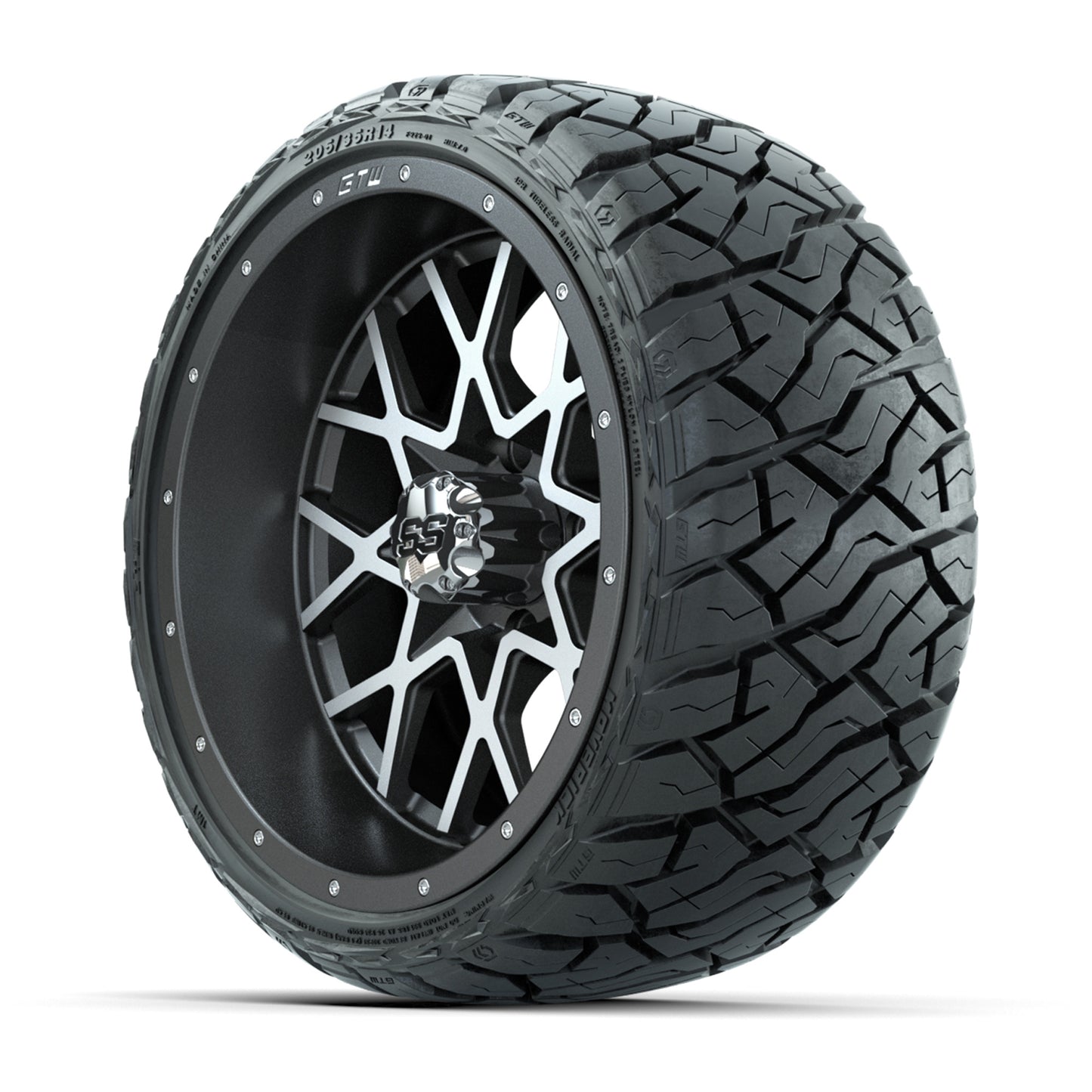 GTW® Vortex Matte Gray/Machined 14 in Wheels with 205/35-R14 Maverick Low-Profile All-Terrain Tires - Full Set