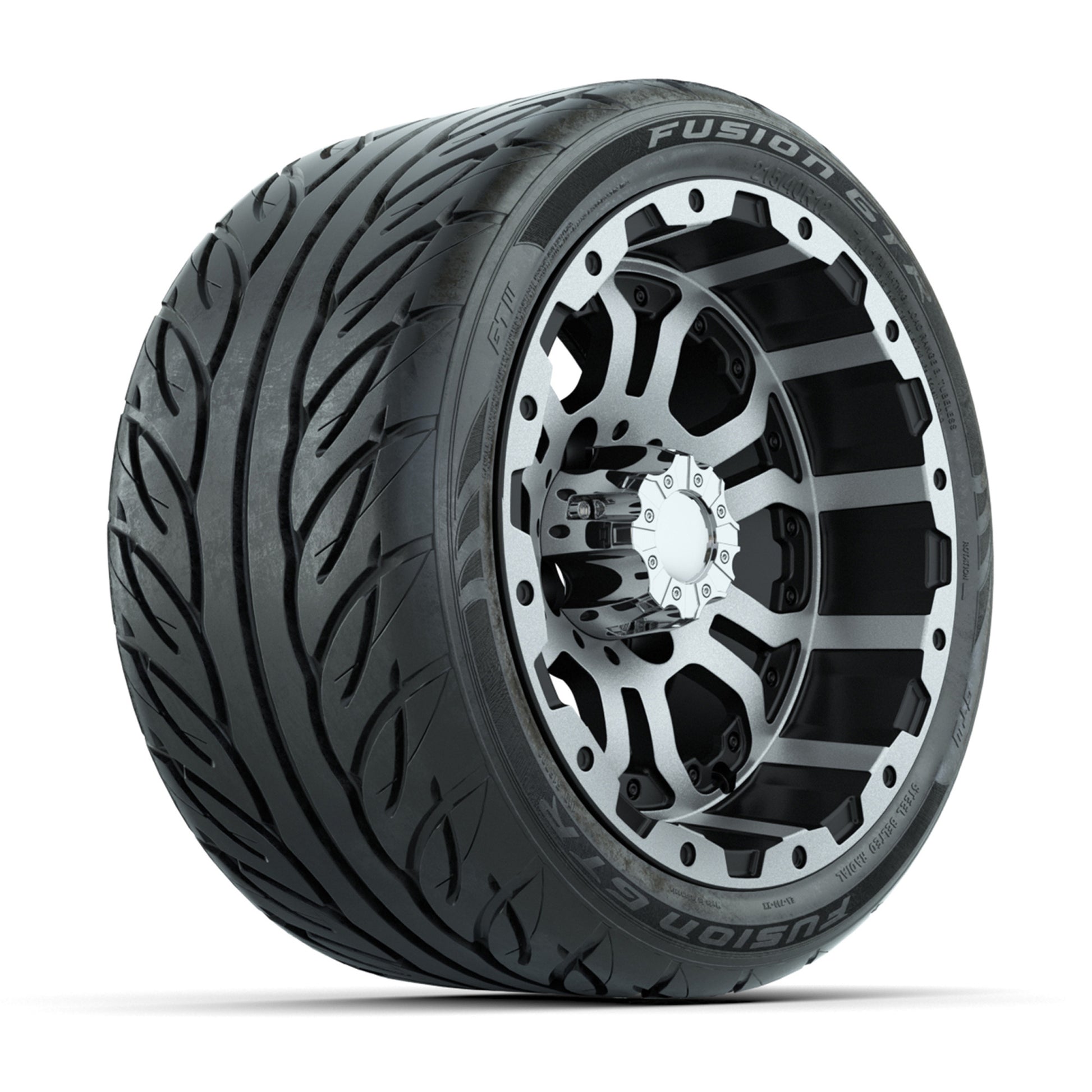 GTW® Omega Black/Machined 12 in Wheels with 215/40-R12 Fusion GTR Steel Belt Radial Street Tires - Full Set