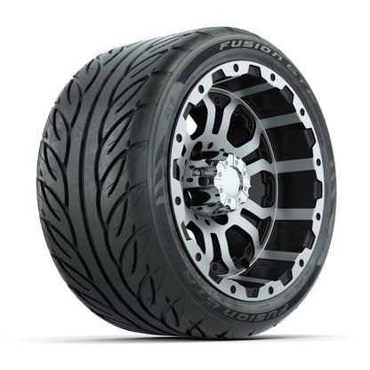 GTW® Omega Black/Machined 12 in Wheels with 215/40-R12 Fusion GTR Steel Belt Radial Street Tires - Full Set