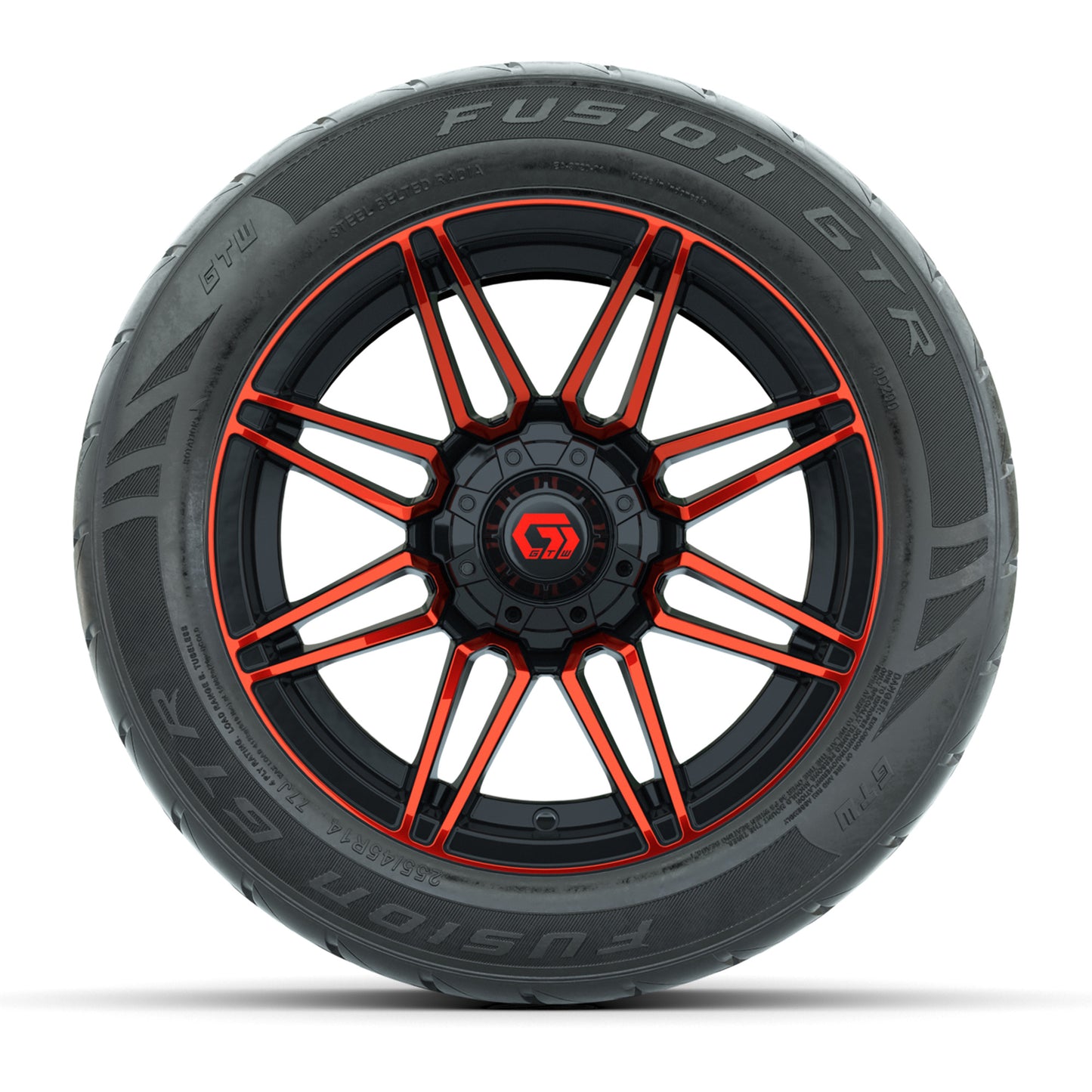 GTW® Stealth Red/Machined 14 in Wheels with 255/45-R14 Fusion GTR Steel Belt Radial Street Tires – Full Set