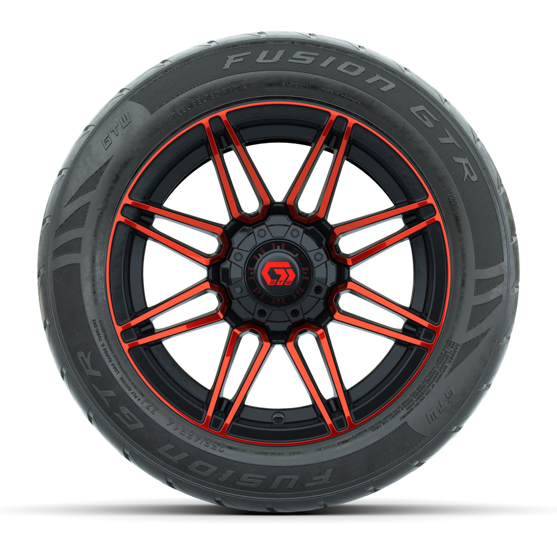 GTW® Stealth Red/Machined 14 in Wheels with 255/45-R14 Fusion GTR Steel Belt Radial Street Tires – Full Set