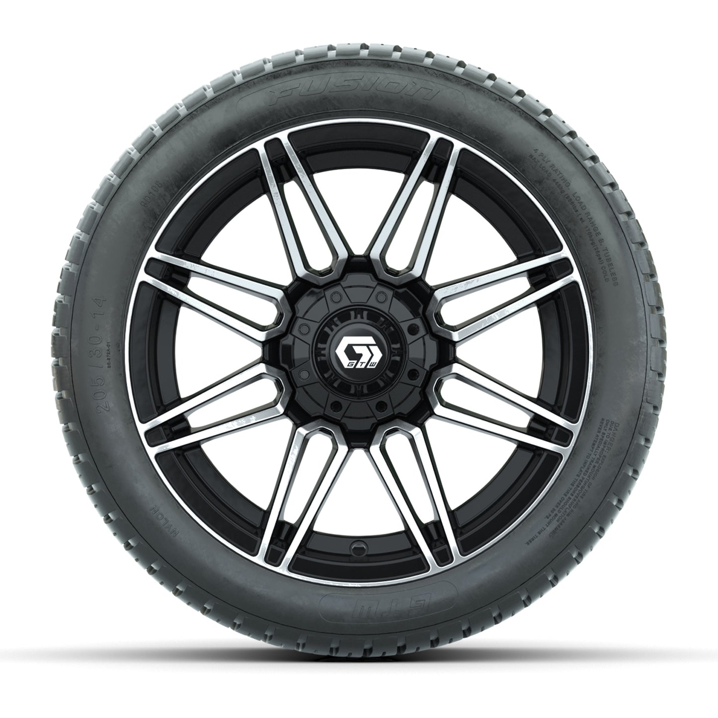 GTW® Stealth Gloss Black/Machined 14 in Wheels with 205/30-14 Fusion Street Tires – Full Set