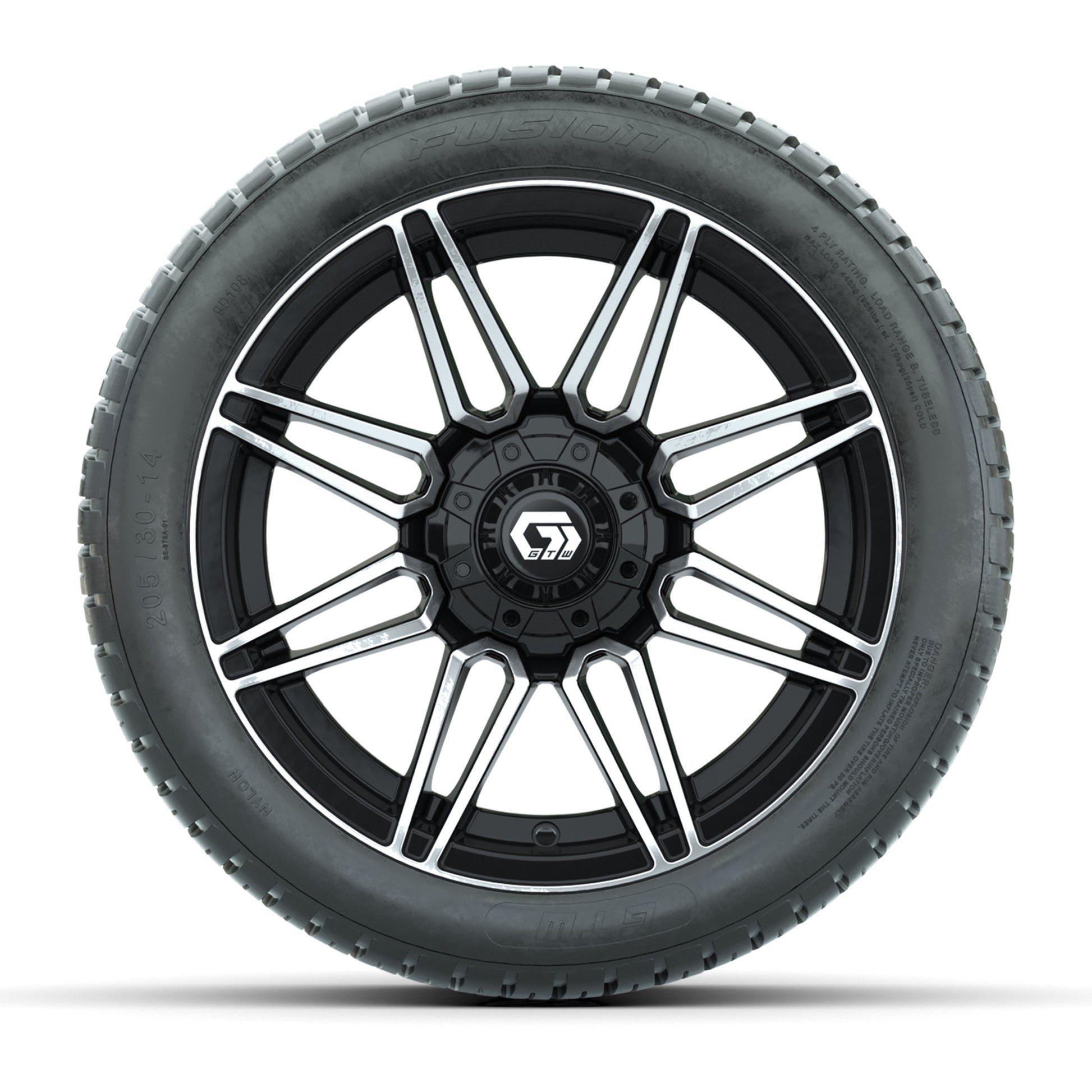GTW® Stealth Gloss Black/Machined 14 in Wheels with 205/30-14 Fusion Street Tires – Full Set