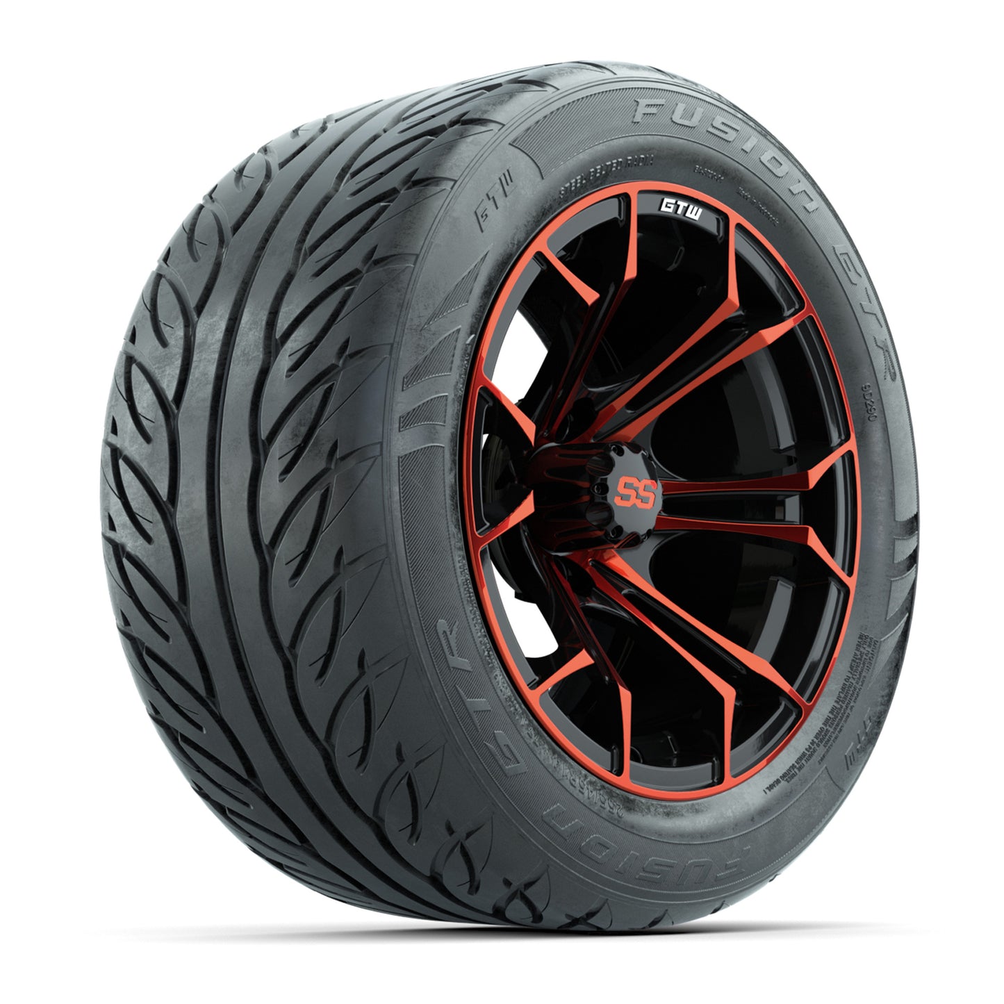 GTW® Spyder Black/Red 14 in Wheels with 255/45-R14 Fusion GTR Steel Belt Radial Street Tires – Full Set