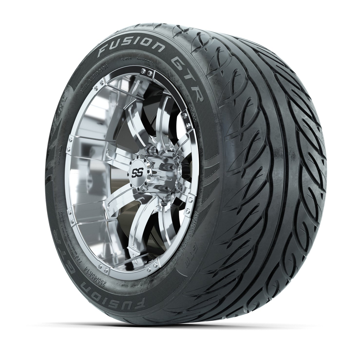 GTW® Tempest Chrome 14 in Wheels with 255/45-R14 Fusion GTR Steel Belt Radial Street Tires – Full Set