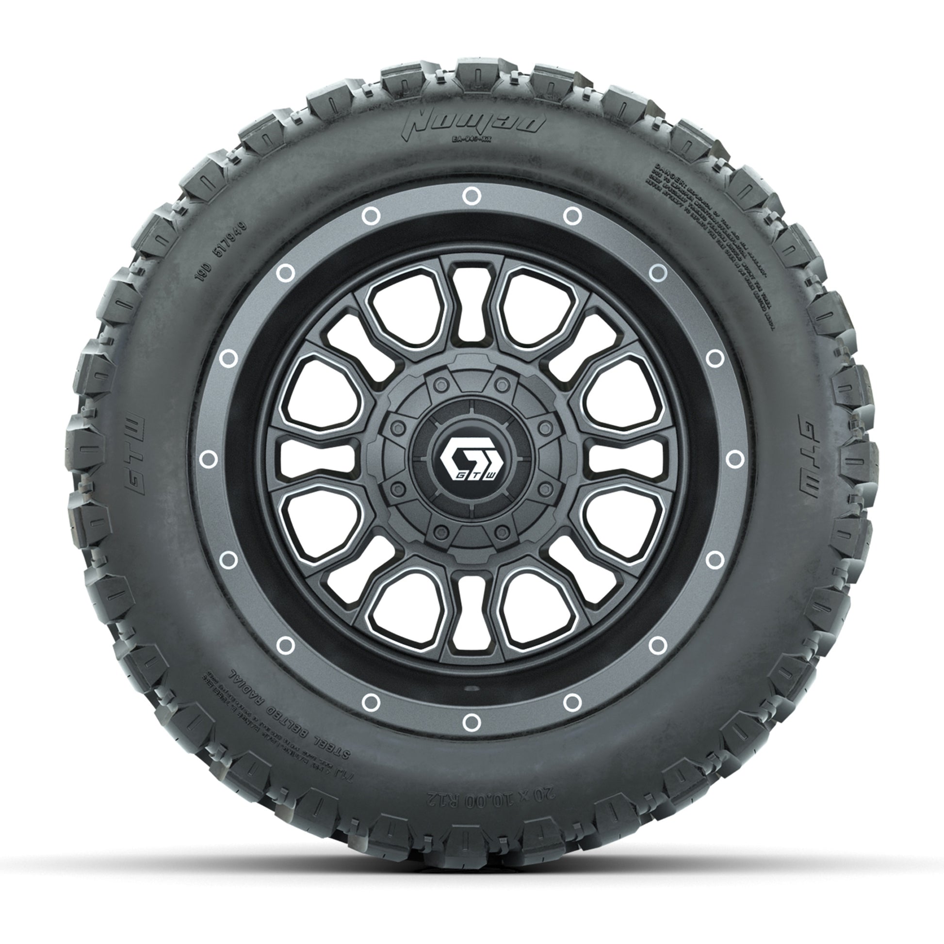 GTW® Volt Gunmetal 12 in Wheels with 20X10-12 Nomad Steel Belt Radial All-Terrain Tires – Full Set