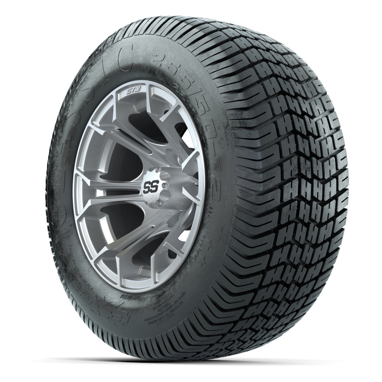 GTW® Spyder Silver Brush 12 in Wheels with 255/50-12 Excel Classic Street Tires – Full Set