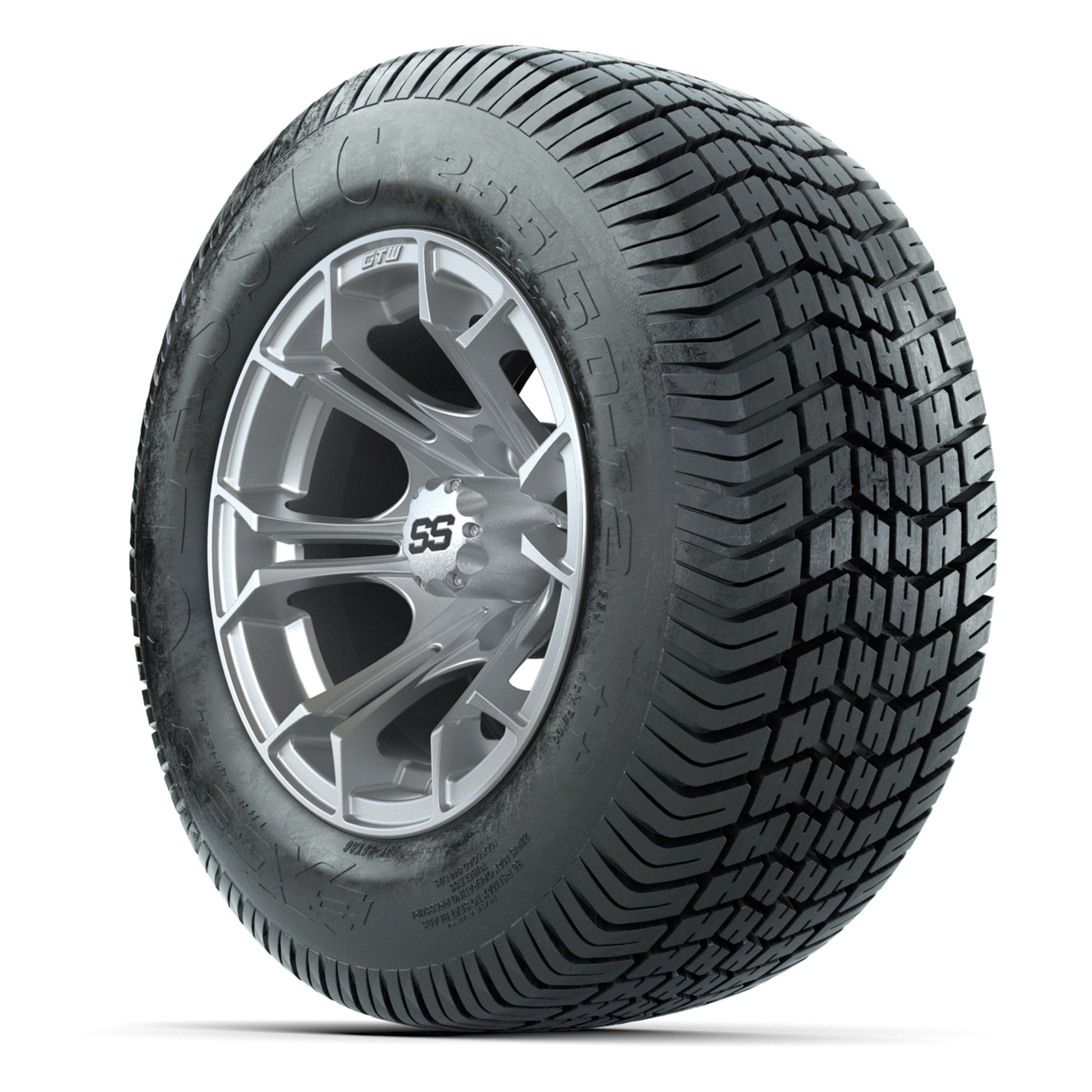 GTW® Spyder Silver Brush 12 in Wheels with 255/50-12 Excel Classic Street Tires – Full Set