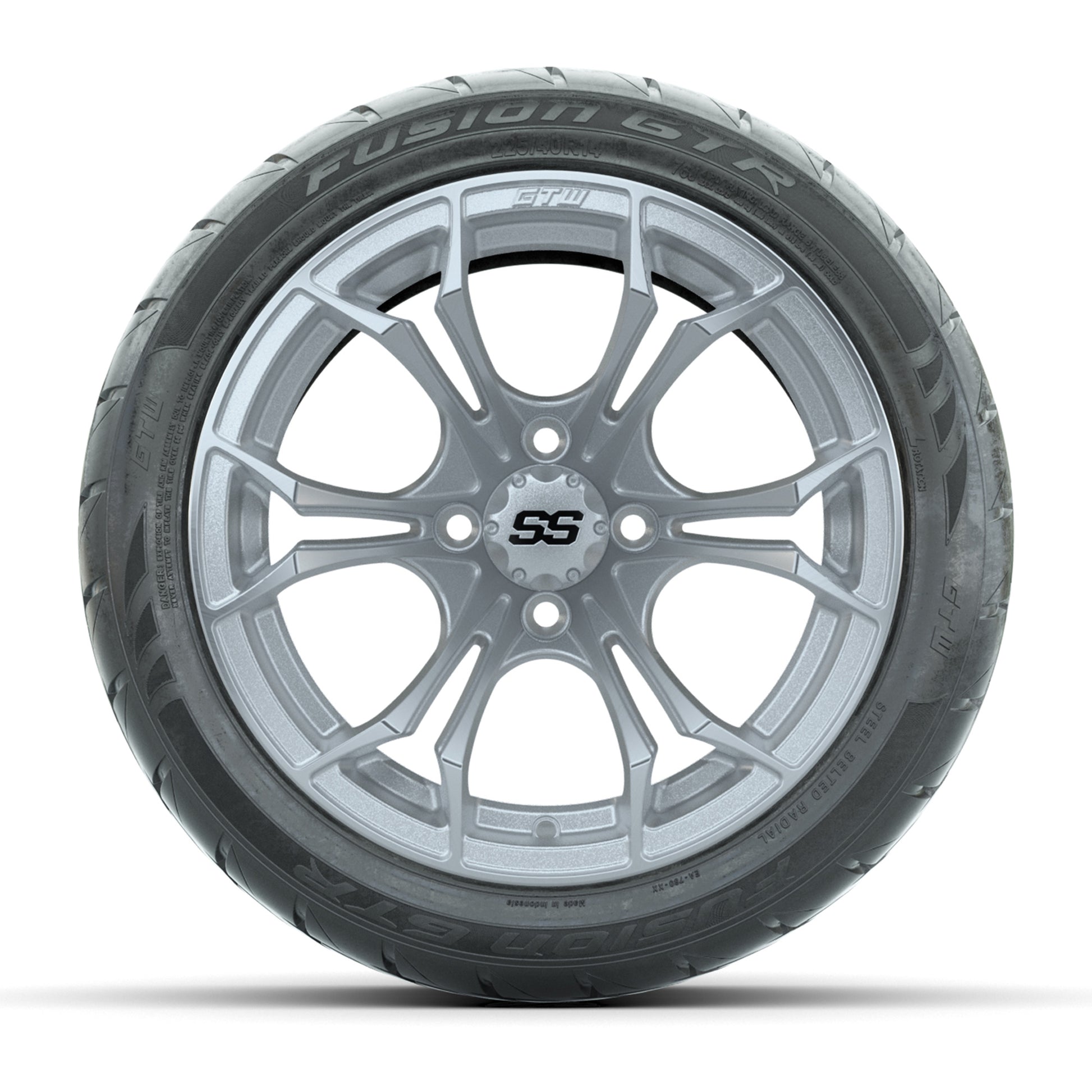 GTW® Spyder Silver Brush 14 in Wheels with 225/40-R14 Fusion GTR Steel Belt Radial Street Tires – Full Set