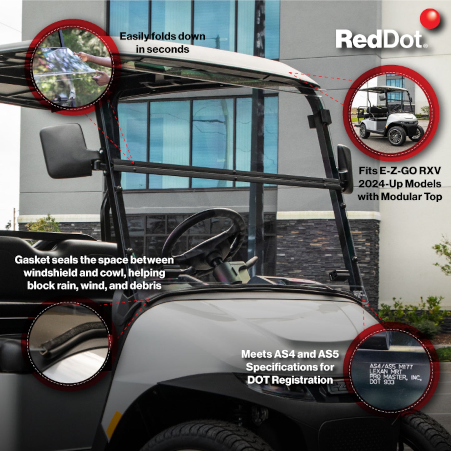 RedDot EZGO RXV with Modular Top Clear Folding Polycarbonate DOT Windshield with Rubber Trim (Years 2024-Up)