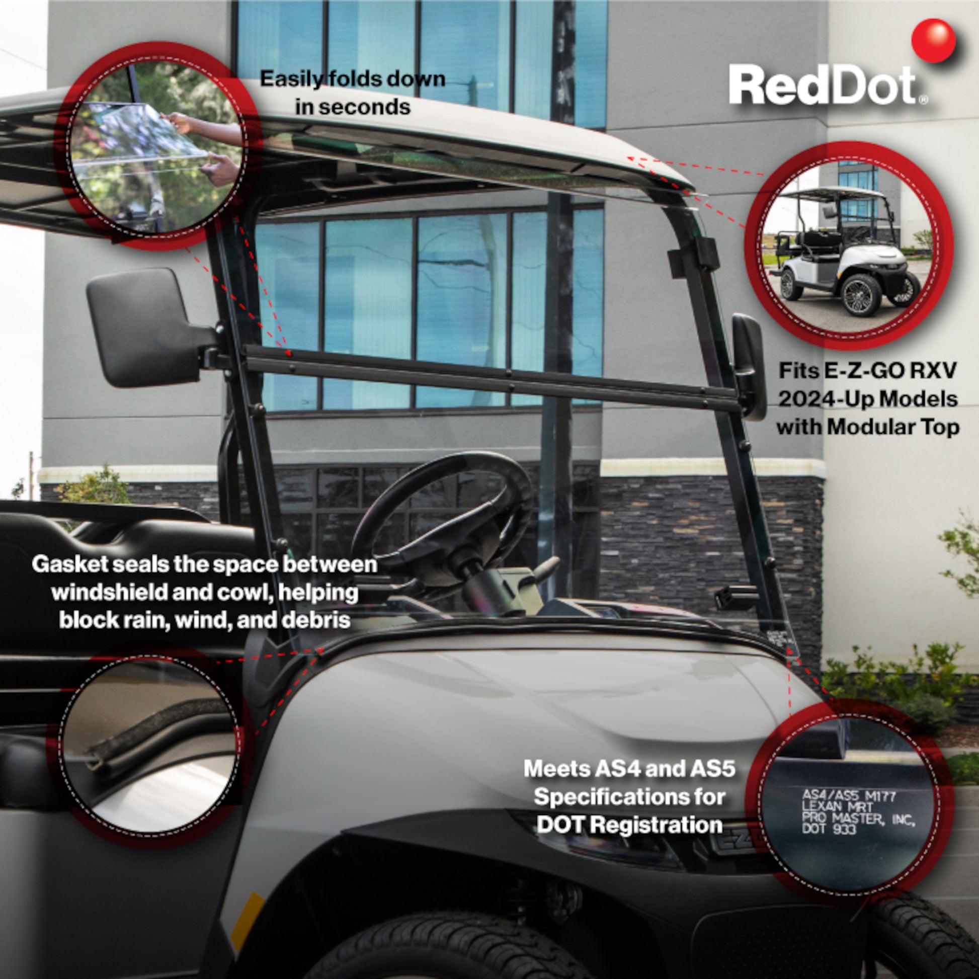 RedDot EZGO RXV with Modular Top Clear Folding Polycarbonate DOT Windshield with Rubber Trim (Years 2024-Up)