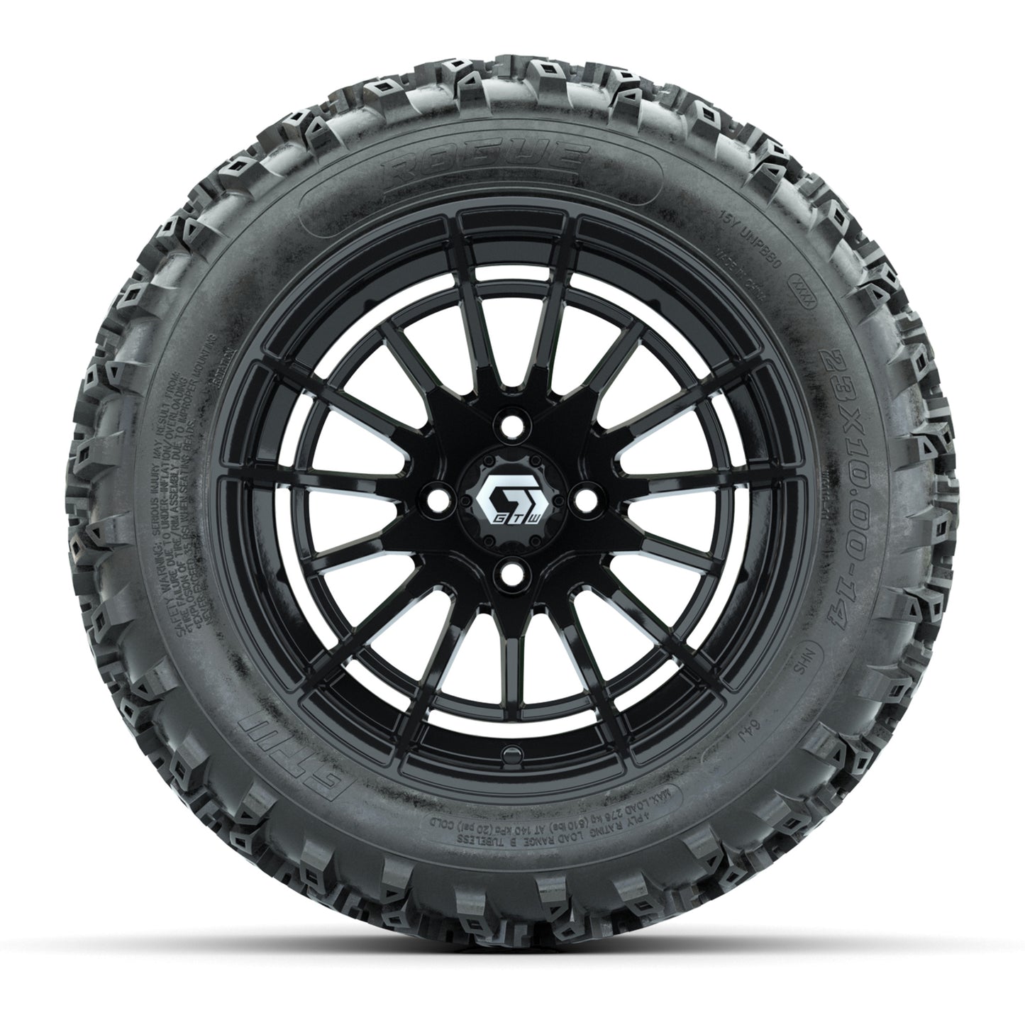 GTW® Boost Gloss Black 14 in Wheels with 23X10-14 Rogue All-Terrain Tires – Full Set