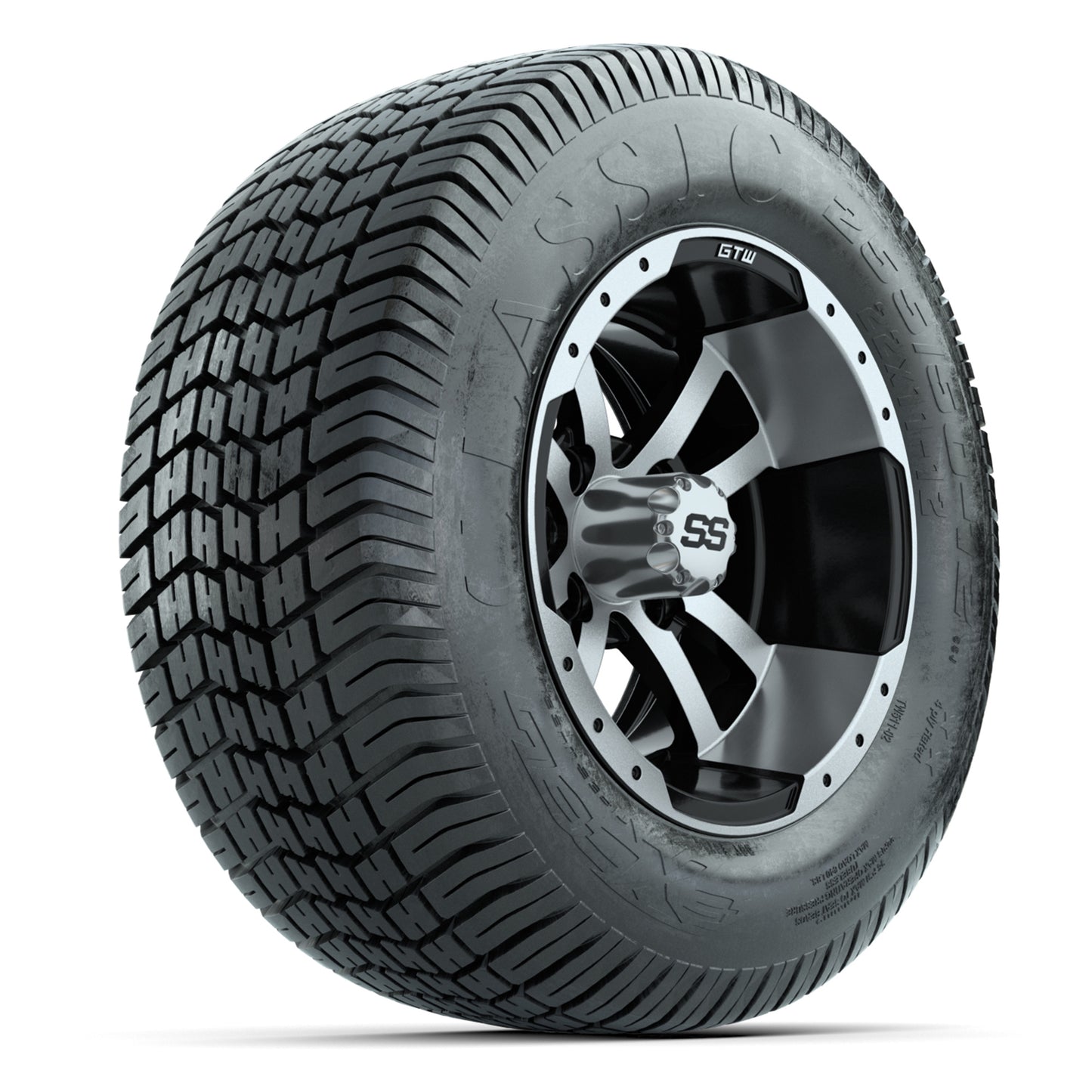 GTW® Storm Trooper Black/Machined 12 in Wheels with 255/50-12 Excel Classic Street Tires – Full Set