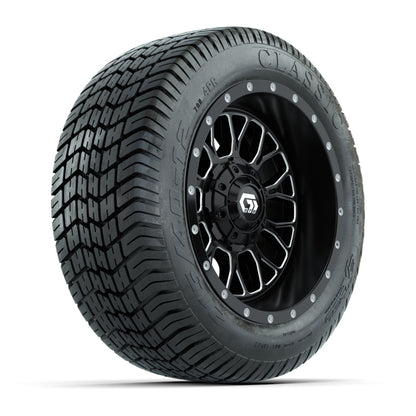 GTW® Helix Black/Machined 12 in Wheels with 215/40-12 Excel Classic Street Tires – Full Set