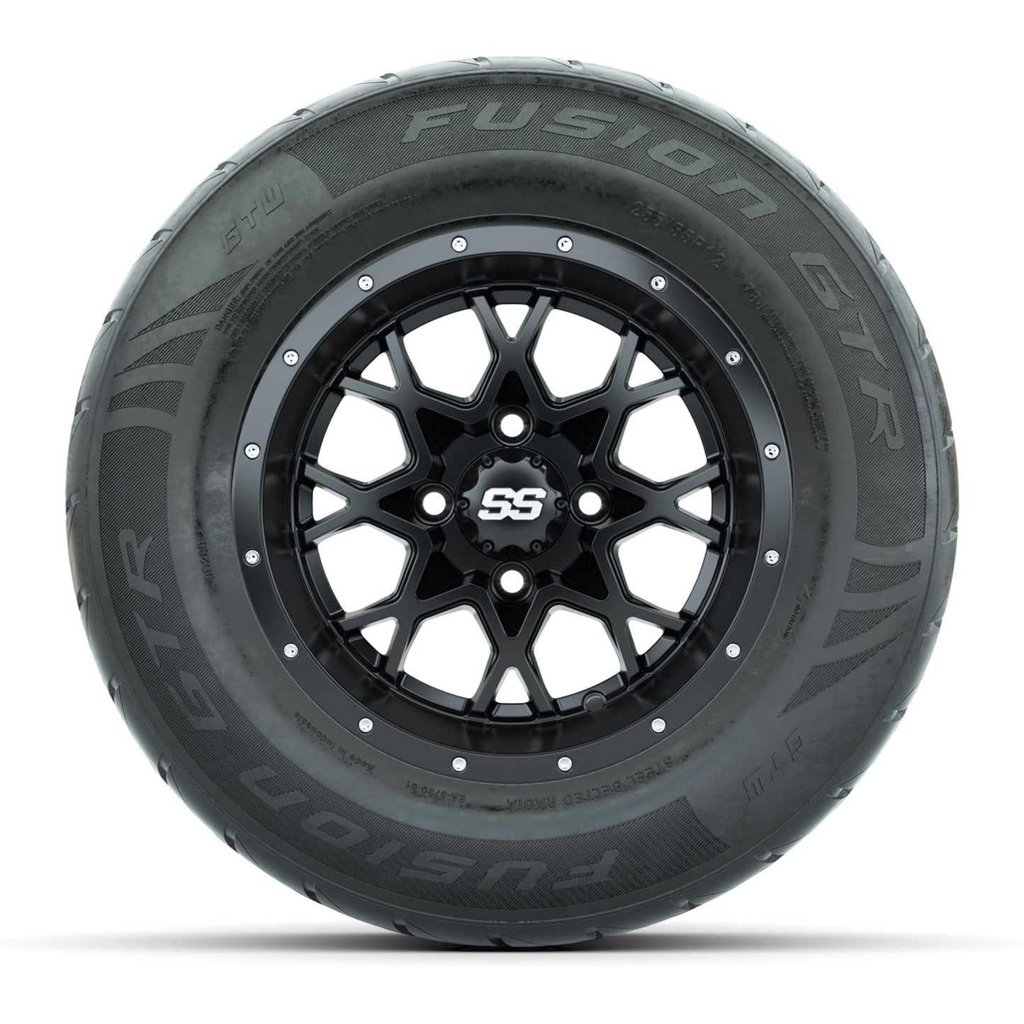 GTW® Vortex 2 Matte Black/Machined 12 in Wheels with 255/55-R12 Fusion GTR Steel Belt Radial Street Tires – Full Set
