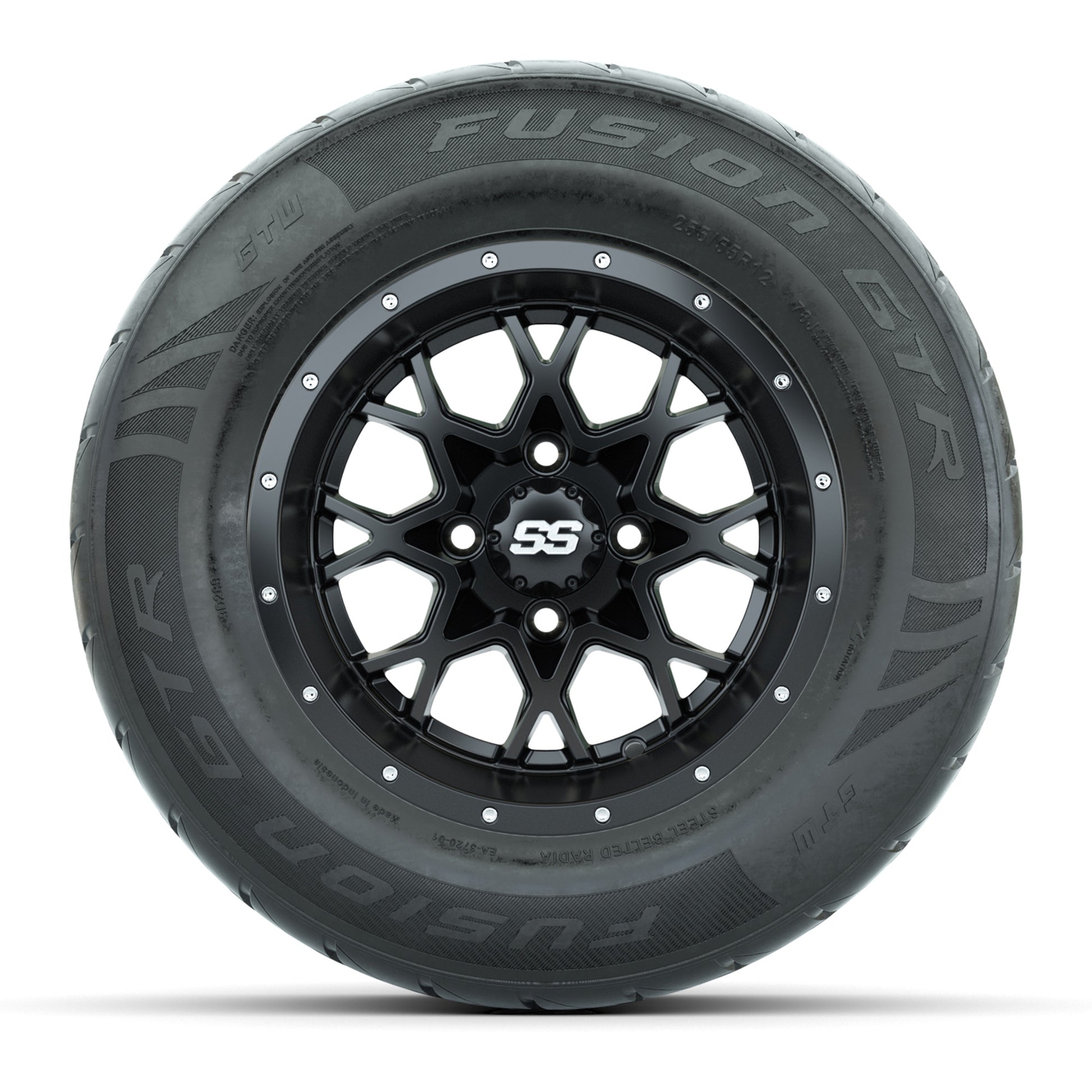 GTW® Vortex 2 Matte Black/Machined 12 in Wheels with 255/55-R12 Fusion GTR Steel Belt Radial Street Tires – Full Set