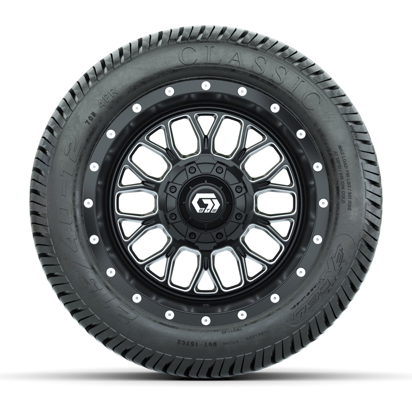 GTW® Helix Black/Machined 12 in Wheels with 215/40-12 Excel Classic Street Tires – Full Set