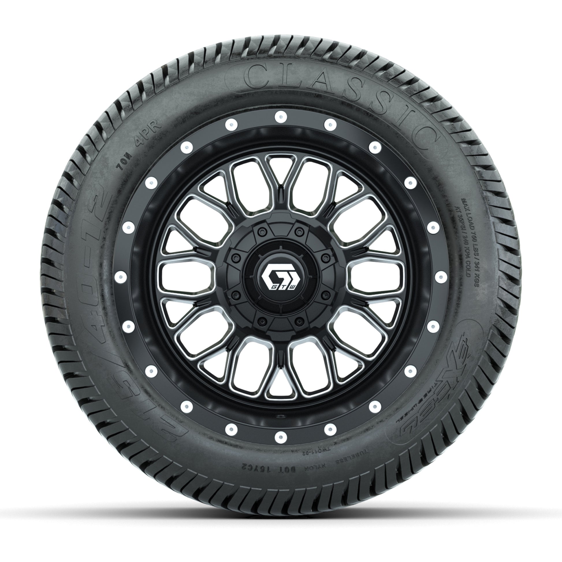 GTW® Helix Black/Machined 12 in Wheels with 215/40-12 Excel Classic Street Tires – Full Set
