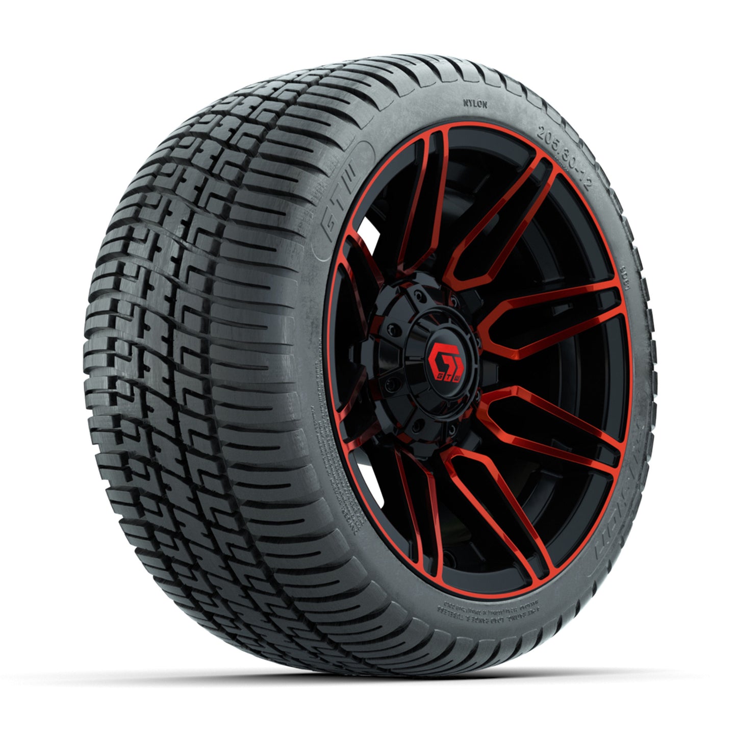 GTW® Stealth Red/Machined 12 in Wheels with 205/30-12 Fusion Street Tires – Full Set