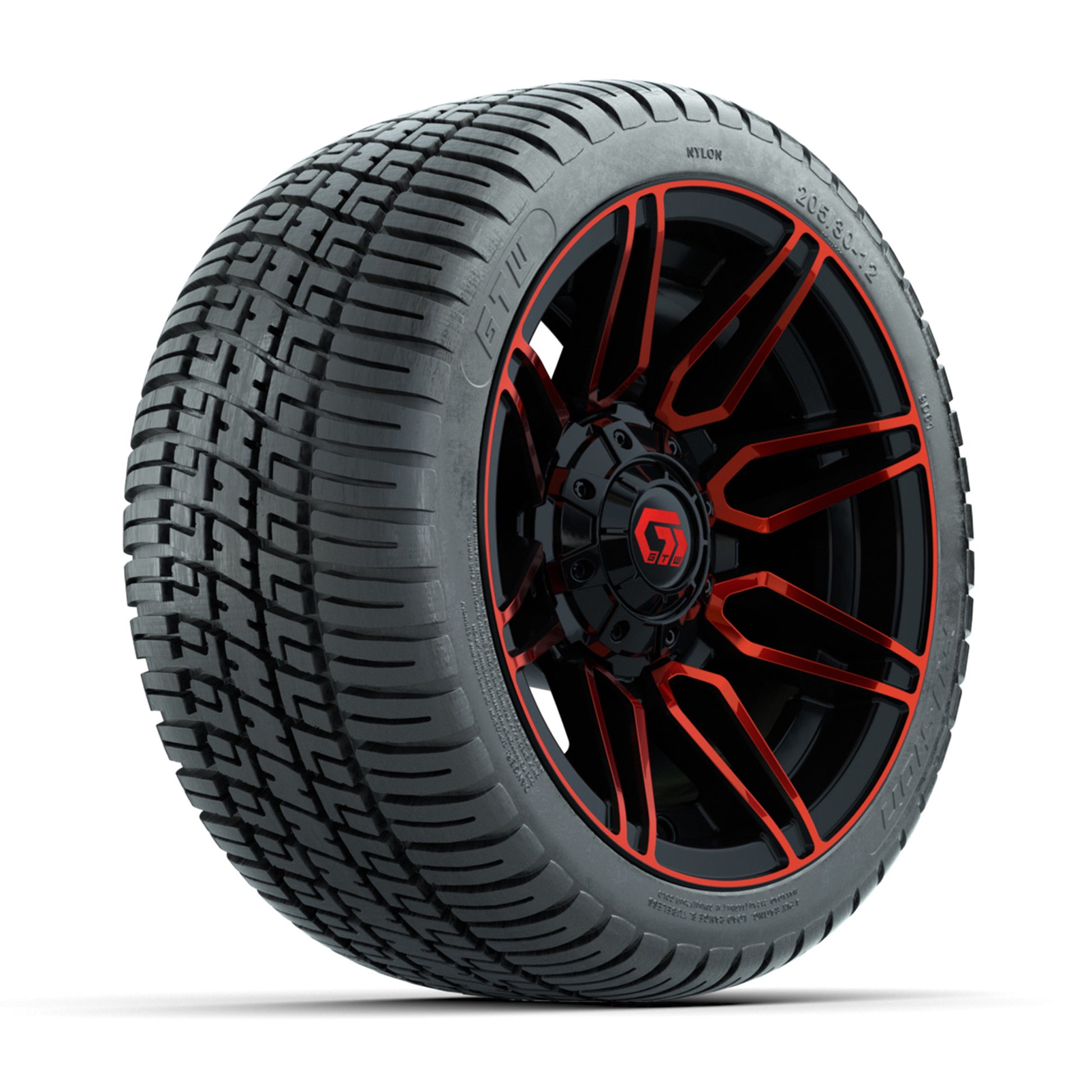 GTW® Stealth Red/Machined 12 in Wheels with 205/30-12 Fusion Street Tires – Full Set