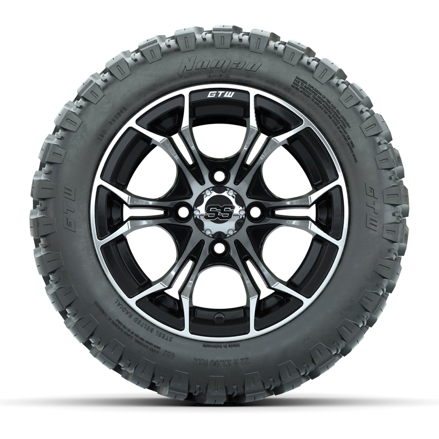 GTW® Spyder Black/Machined 12 in Wheels with 22X11-R12 Nomad Steel Belt Radial All-Terrain Tires – Full Set
