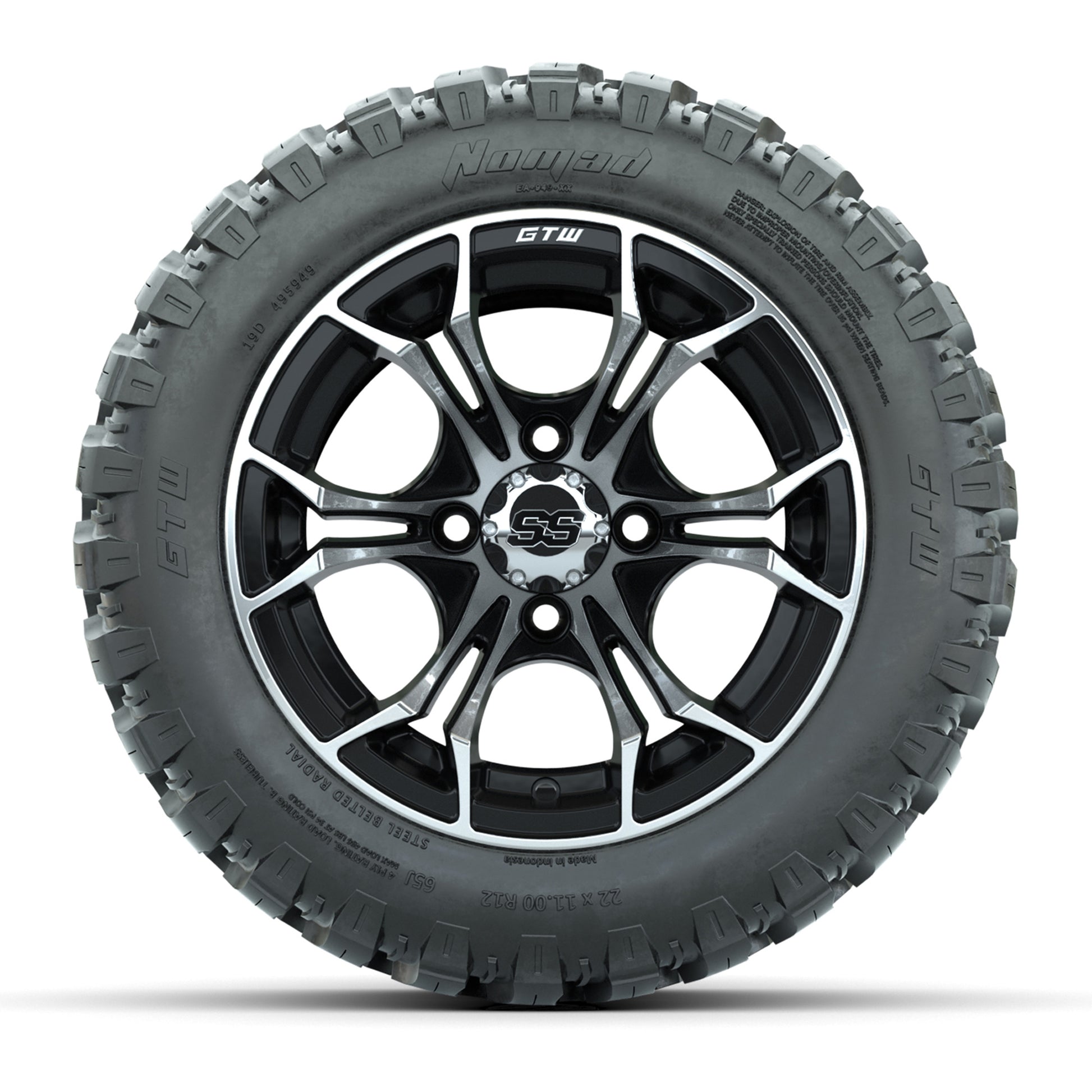GTW® Spyder Black/Machined 12 in Wheels with 22X11-R12 Nomad Steel Belt Radial All-Terrain Tires – Full Set