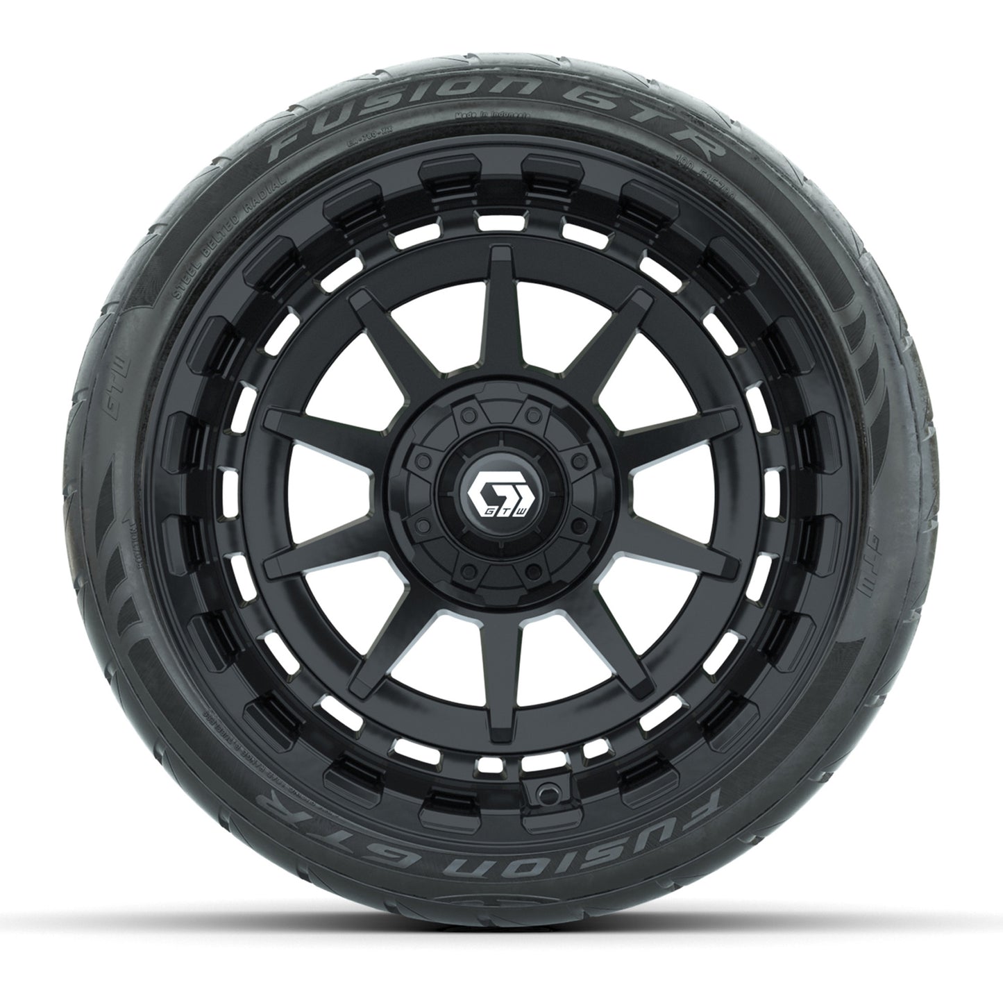 GTW® Barricade Gloss Black 15 in Wheels with 215/40-R15 Fusion GTR Steel Belted Street Tires – Full Set
