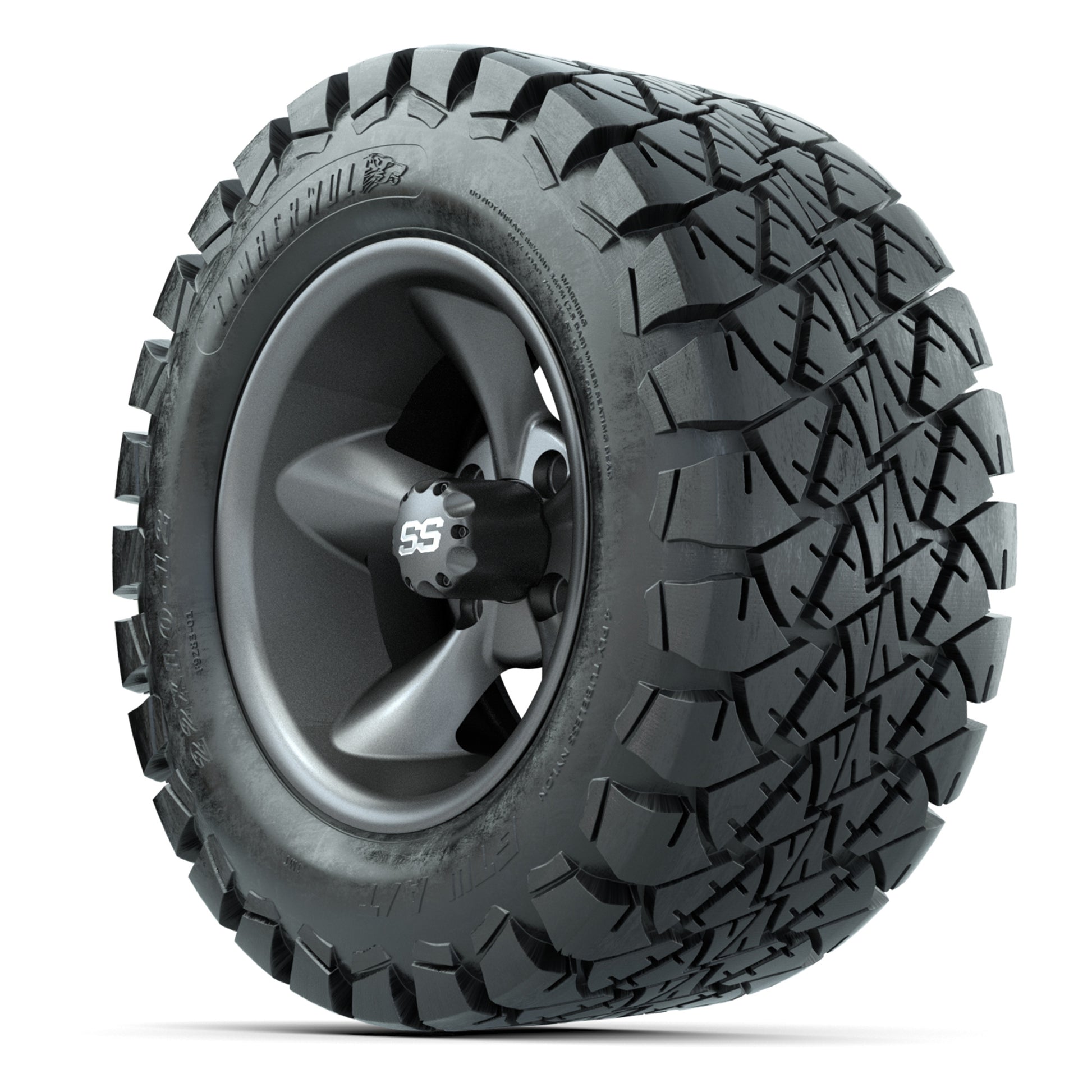 GTW® Godfather Matte Gray 12 in Wheels with 22X10-12 Timberwolf All-Terrain Tires – Full Set