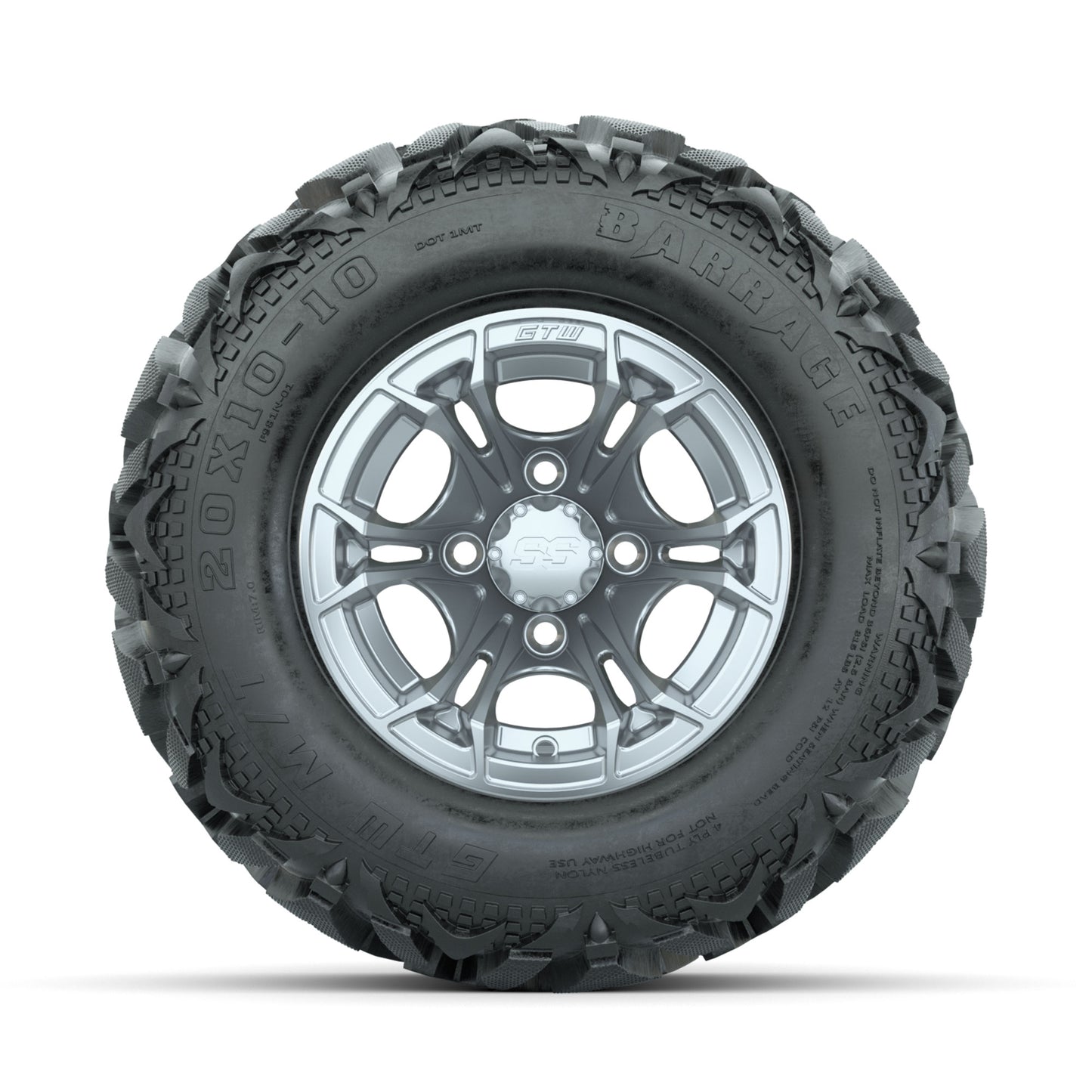 GTW Spyder Silver Brush 10 in Wheels with 20x10-10 Barrage Mud Tires - Full Set