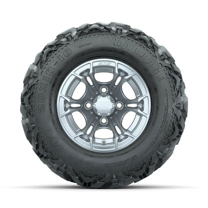 GTW Spyder Silver Brush 10 in Wheels with 20x10-10 Barrage Mud Tires - Full Set