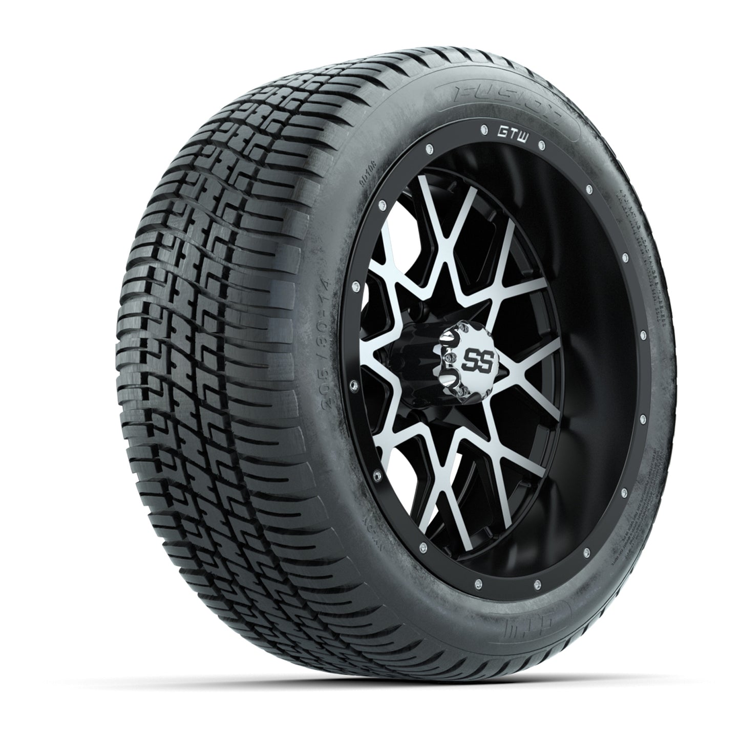GTW® Vortex 2 Matte Black/Machined 14 in Wheels with 205/30-R14 Fusion Street Tires – Full Set