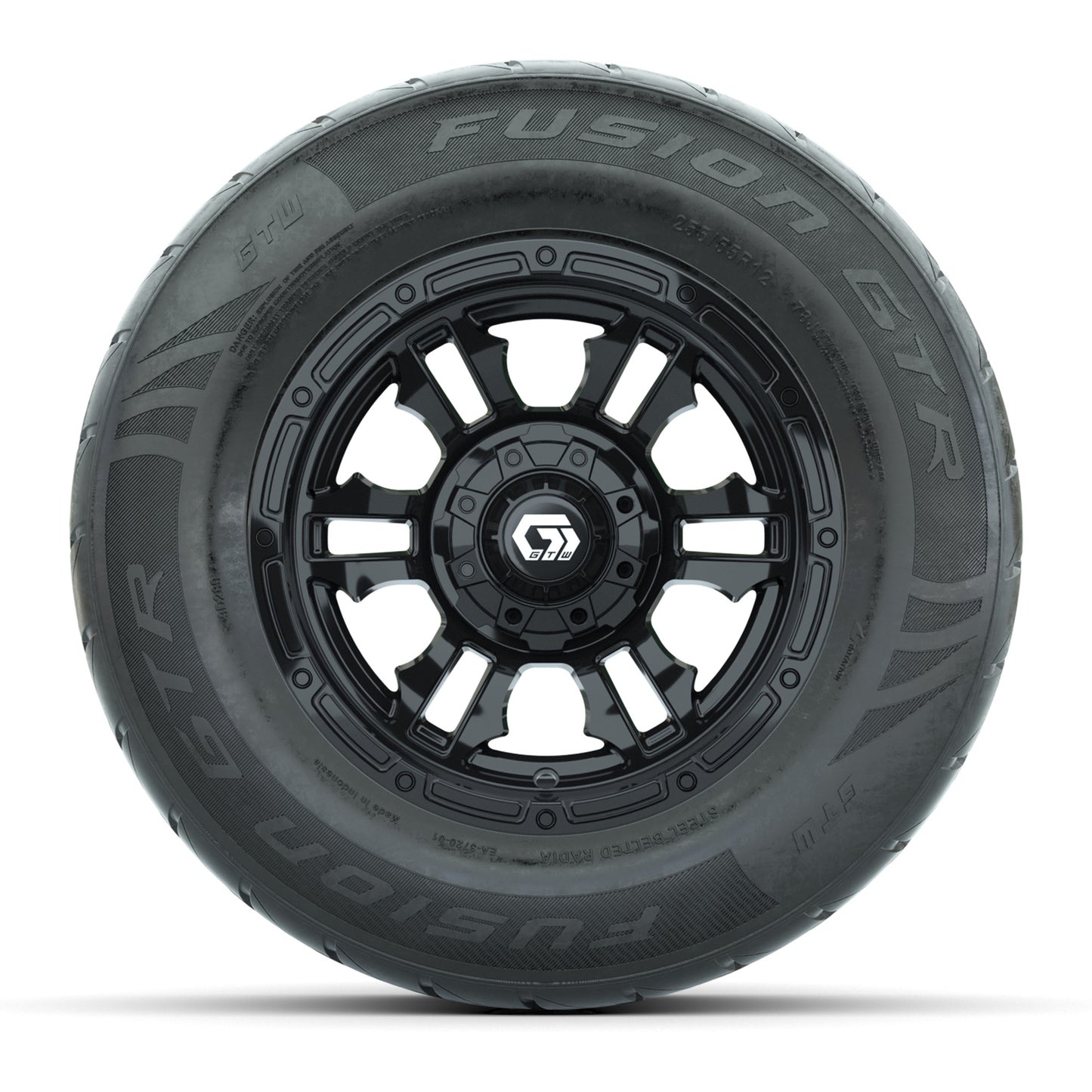 GTW® Shogun Gloss Black 12 in Wheels with 255/55-R12 Fusion GTR Steel Belt Radial Street Tires – Full Set